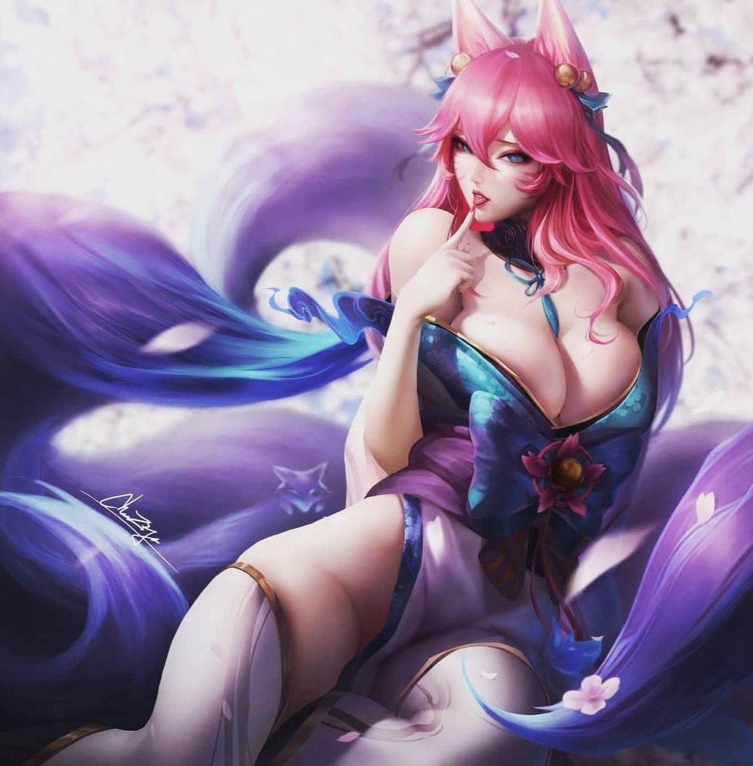 ahri, female, league of legends, pink hair, qinzeduomexiong, spirit blossom ahri, spirit blossom series, thick thighs