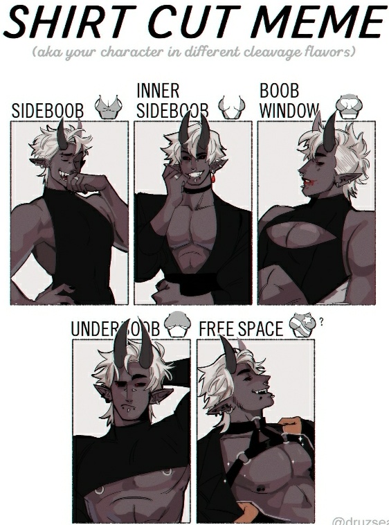 albino black_eyes blood blue_eyes character_redesign choker daddy demon elf_ears fangs horns mammon_(obey_me) man_boobs meme meme_template mullet muscular nipple_piercing obey_me!_one_master_to_rule_them_all piercing pointy_ears sharp_teeth shirt_cut_meme solo_male white_hair