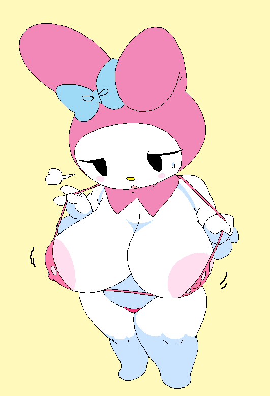 adjusting_swimsuit areola areolae bikini blush bow bunny_ears dream-cassette female half-closed_eyes hoshime huge_breasts jiggle mob_face my_melody onegai_my_melody pink_bikini ripped_bikini sanrio shortstack solo stomach thighs tummy water_drop