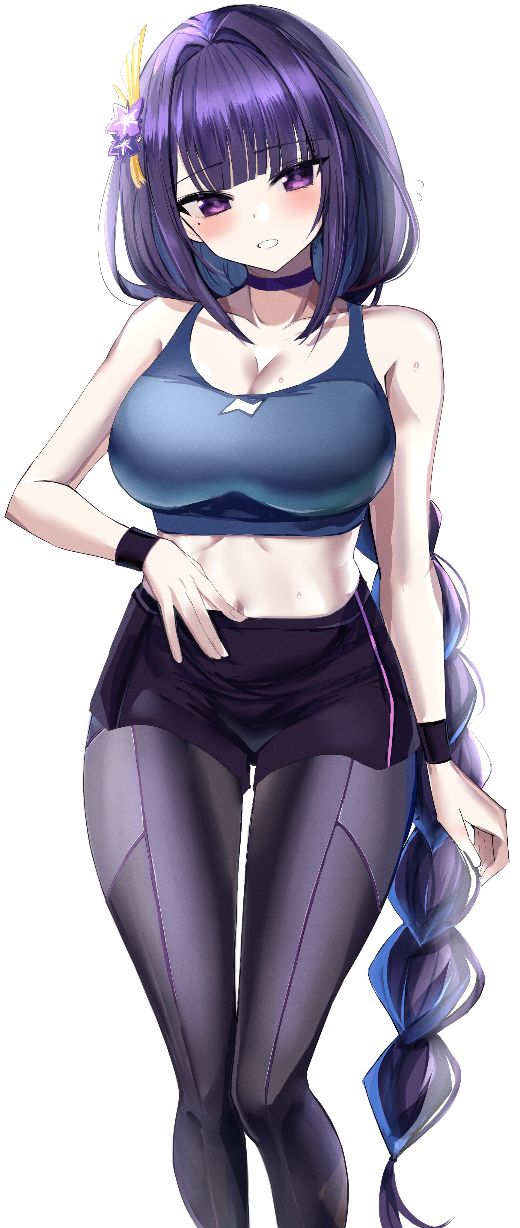 1girls, 2021, beauty mark, belly button, blush, braided hair, female, female only, genshin impact, gym clothes, hanasaka houcha, highres, hips, long hair, looking at viewer, midriff, mole under eye, purple eyes, purple hair, raiden shogun, simple background, slim waist, smile, sports bra, sportswear, thick thighs, thighs, very long hair, wide hips