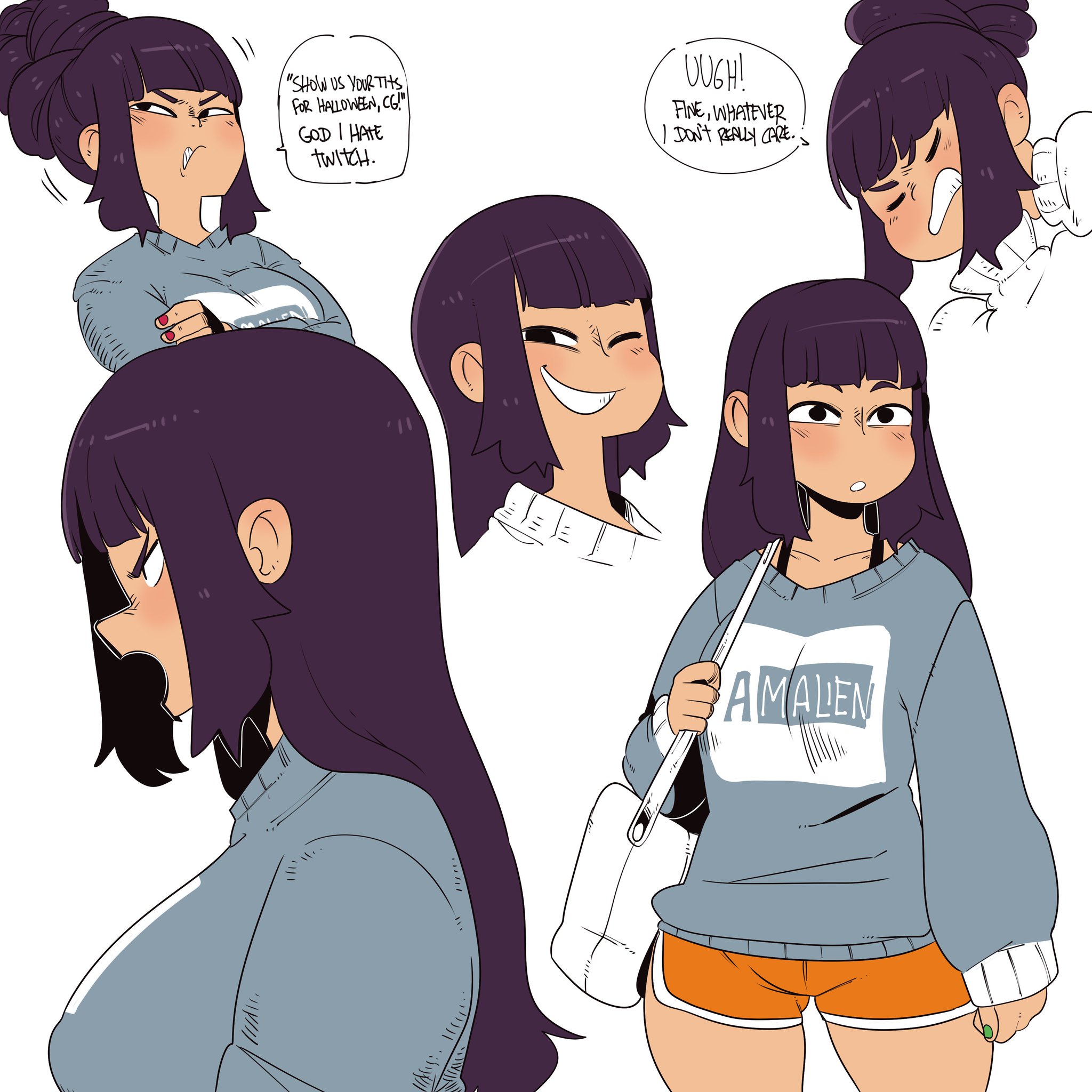 1girls, 2020, 2020s, angry, beehive hairdo, command grab, cute, dialogue, dolphin shorts, english text, female, female only, happy, light skin, light-skinned female, long sleeves, multiple angles, multiple views, nuclearwasabi, purple hair, shorts, solo, solo female, tagme, text, tied hair, tomboy, two-tone bottomwear, two-tone bottomwear (orangeandwhite)