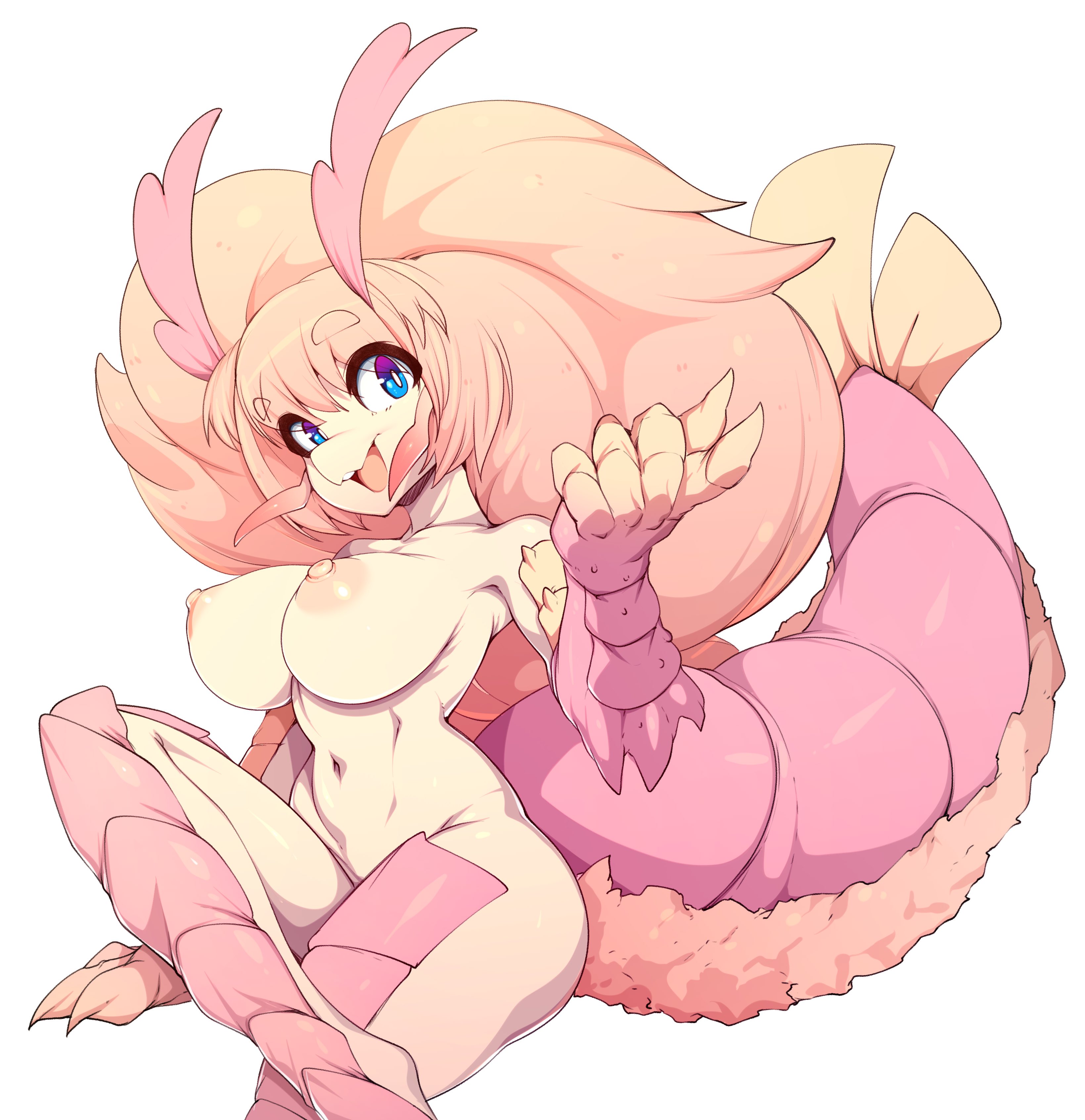 absurdres, antennae, blue eyes, breasts, commentary, completely nude, english commentary, eyebrows visible through hair, female, highres, large breasts, looking at viewer, monster girl, navel, nipples, nude, open mouth, original, shrimp, simple background, sitting, slugbox, smile, solo, tail, thick eyebrows, white background