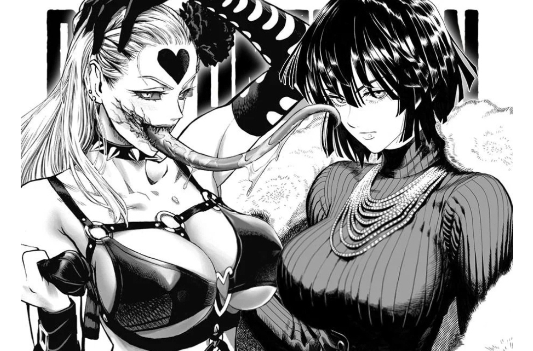 2girls, big breasts, breasts, dark hair, female, female only, fubuki (one-punch man), kaijin hime do-s, light hair, long hair, monochrome, monster, monster girl, murata yuusuke, one-punch man, tongue, tongue out