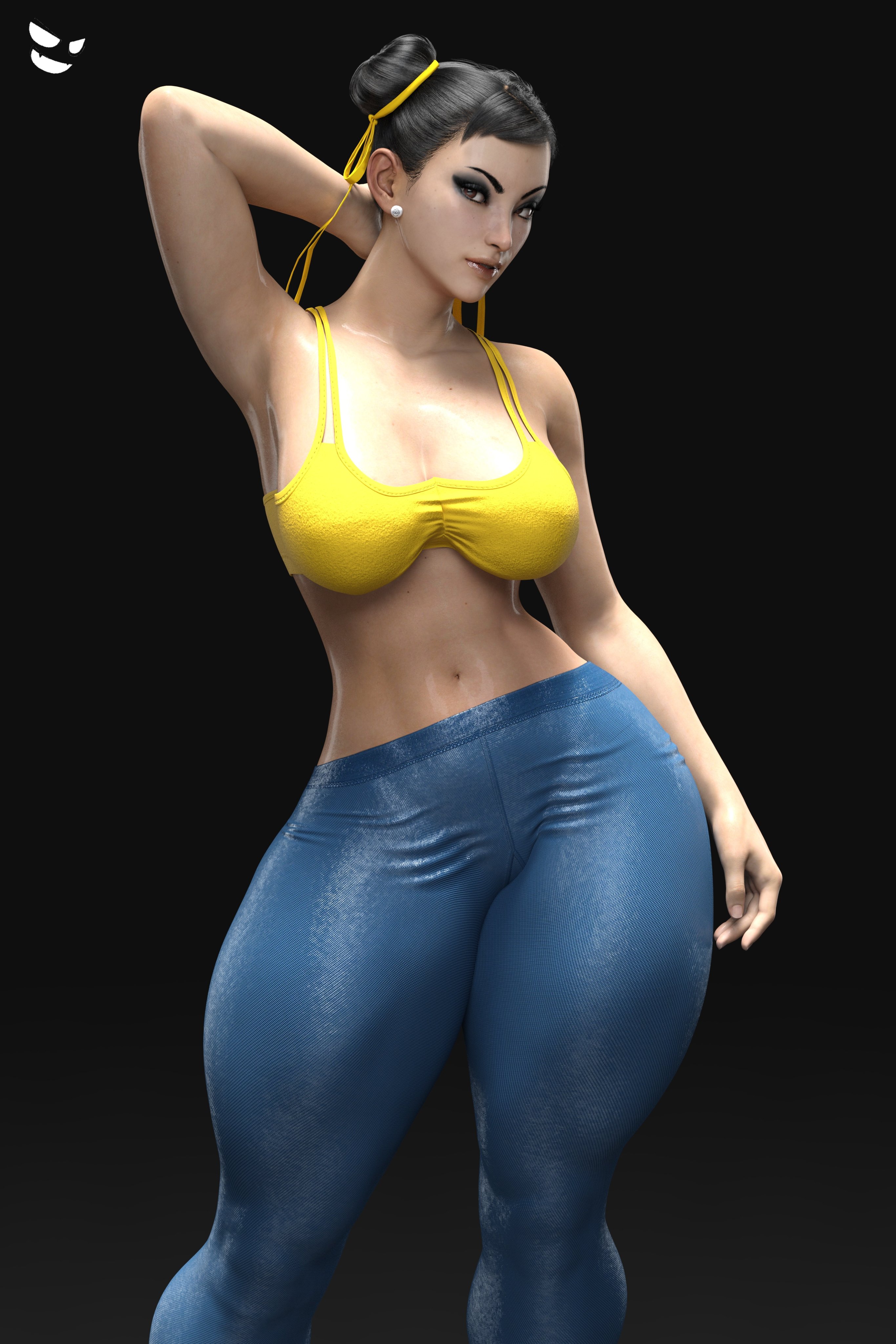 1girls, 3d, ass, big ass, big breasts, blue pants, breasts, capcom, chun-li, double bun, earrings, eyeshadow, female, gm studios, hair bun, hair ribbon, huge ass, jewelry, large ass, large breasts, leggings, lipstick, looking at viewer, makeup, midriff, pants, pearl earrings, ribbon, standing, street fighter, street fighter 6, thick thighs, thunder thighs, tight pants, tights, wide hips, yellow ribbon, yoga pants
