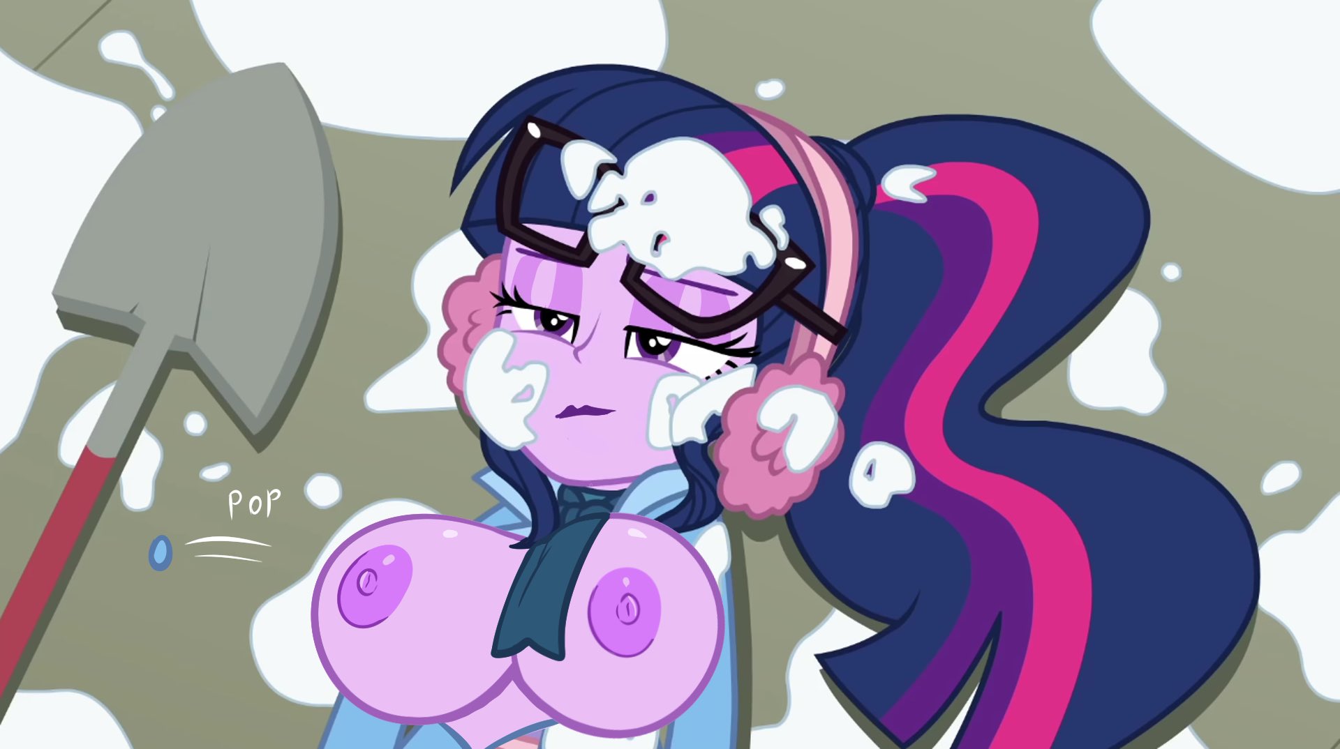 1girls, accurate art style, annon, areolae, big breasts, bimbo, breasts, button pop, earmuffs, edit, edited screencap, equestria girls, eyeshadow, female, female only, friendship is magic, glasses, hasbro, holidays unwrapped, large breasts, lipstick, makeup, my little pony, nipples, open clothes, sci-twi, screencap, screenshot, screenshot edit, shovel, snow, snowball, solo, twilight sparkle (mlp)