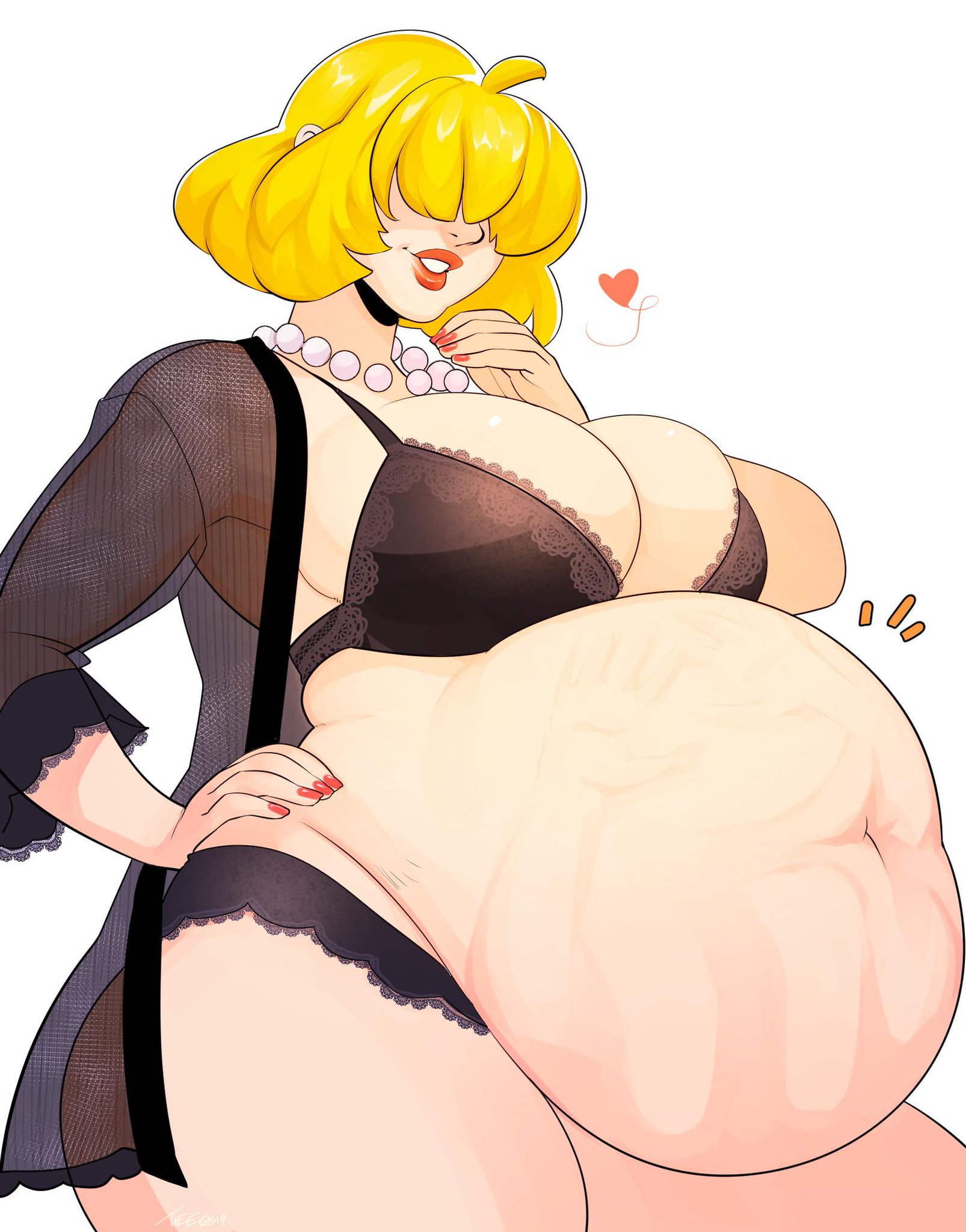 1girls, after vore, big belly, big breasts, blonde hair, breasts, female, female pred, hair over eyes, hand imprint, hand on hip, heart, huge breasts, lingerie, navel, negligee, oral vore, pearl necklace, red lipstick, same size vore, smile, thick thighs, tweedabop, voluptuous, vore, wide hips