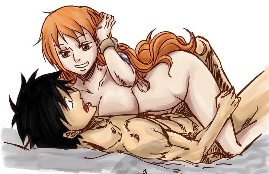 1boy 1boy1girl 1girls big_breasts black_hair breast_squish breasts breasts_against_chest breasts_on_chest brown_eyes completely_nude completely_nude_female completely_nude_male couple cuddling curvy curvy_female edit female gerardosteel long_hair lying lying_on_back lying_on_person male monkey_d_luffy muscles muscular muscular_male nami nude one_piece orange_hair post-timeskip seductive seductive_smile short_hair smile straight surprised tattoo thigh_grab third-party_edit voluptuous