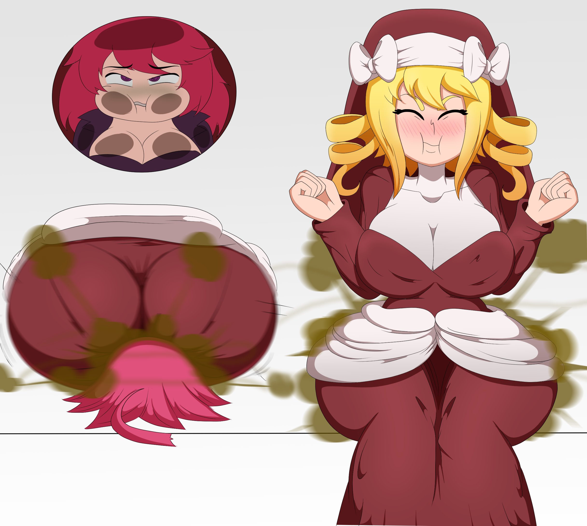 2girls, agent 3 (bubblebuttdoublebutt), ass, ass in dress, ass on face, big ass, big breasts, big butt, blonde hair, blush, breasts, cleavage, closed eyes, drill hair, enormous ass, facesitting, fart, fart cloud, fart fetish, farting, farting in face, farting on face, farts, female, milgreff (bubblebuttdoublebutt), multiple females, multiple girls, nun, nun's habit, oc, original, pantylines, protorepulsive, purple eyes, red hair, repulsiveproto, yoshizilla, yuri