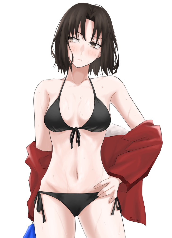 1girls alternate_costume bikini black_bikini blush breasts brown_eyes brown_hair commentary_request egomeshi emotionless fate_(series) front-tie_bra groin hand_on_hip holding jacket kara_no_kyoukai light_frown looking_to_the_side medium_breasts navel off_shoulder red_jacket ryougi_shiki short_hair side-tie_bikini side-tie_panties solo swimsuit thighs tomboy type-moon wet white_background