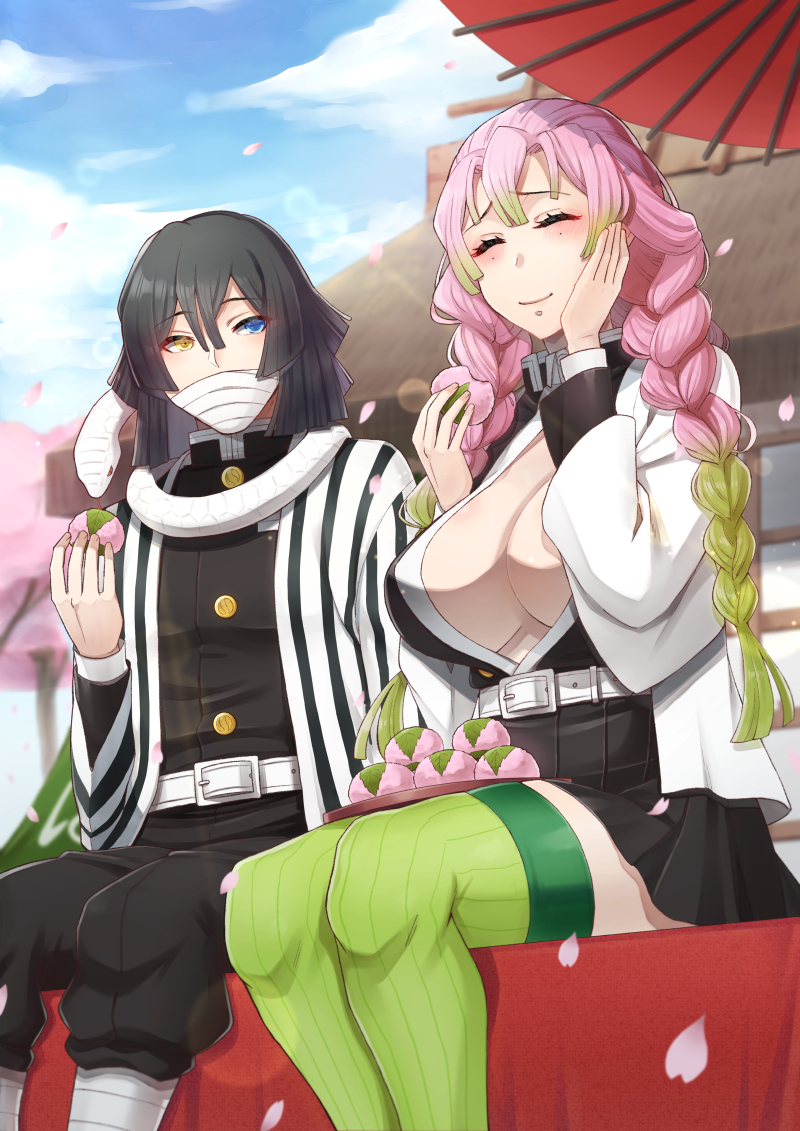 1boy, 1girls, big breasts, black hair, black-haired male, blush, braided hair, breasts, canon couple, cleavage, closed eyes, cute, demon slayer, detailed background, eating, female, fully clothed, haori, heterochromia, huge breasts, iguro obanai, kaburamaru, kanroji mitsuri, kimetsu no yaiba, long hair, male, mole under eye, mouth mask, no bra, open shirt, pink hair, pink-haired female, pleated skirt, smile, snake, thighhighs, tukisaya, two-tone hair, uniform, wholesome