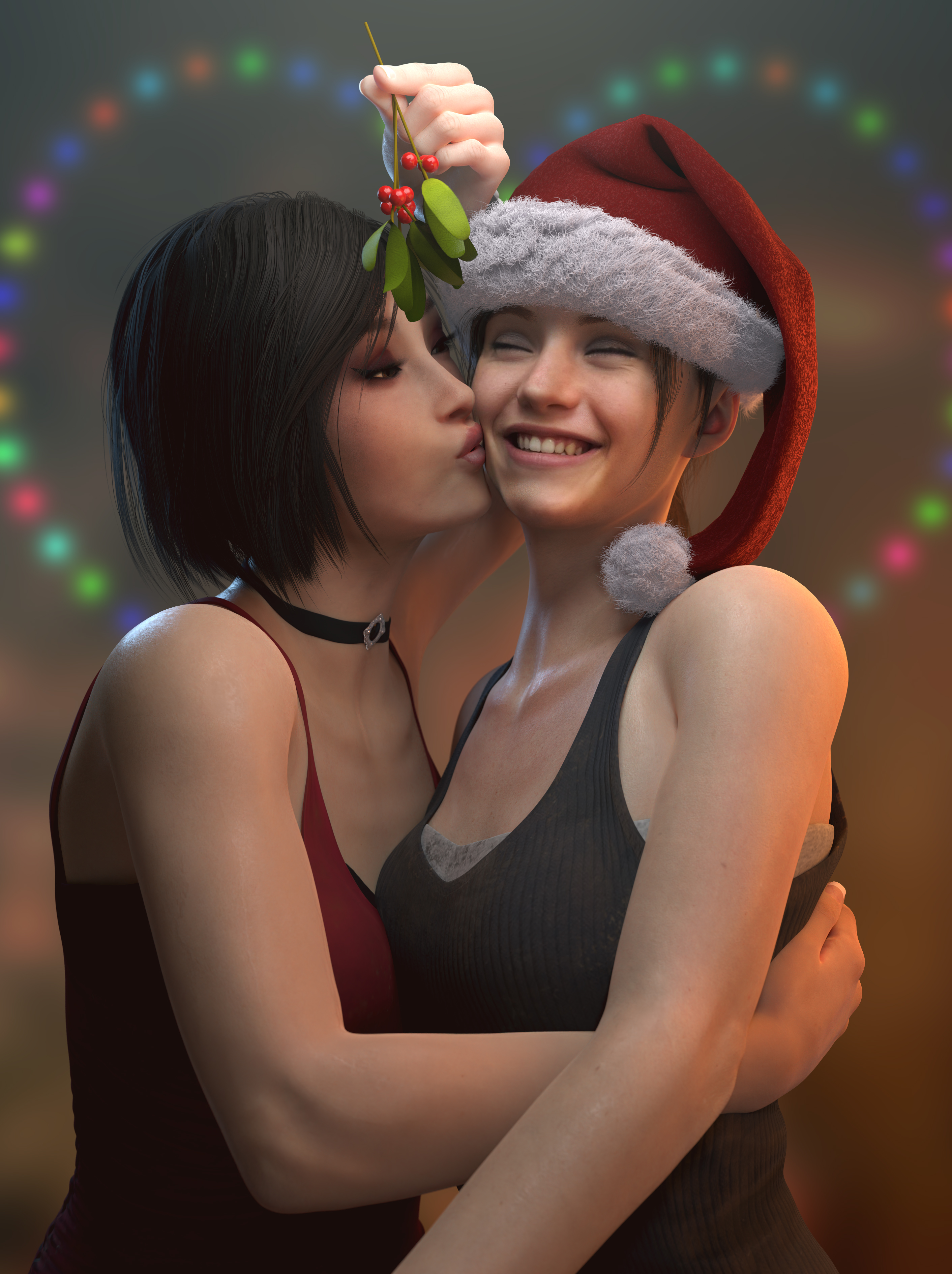 2girls, 3d, 3d (artwork), 4k, ada wong, ada wong (adriana), batesz, black hair, blender, blender (software), brown hair, capcom, christmas, claire redfield, claire redfield (jordan mcewen), clothed, cute, female, female only, fully clothed, grin, interracial, kissing, kissing cheek, light skin, light-skinned female, mistletoe, realistic, resident evil, resident evil 2, resident evil 2 remake, santa costume, santa hat, smile, wholesome, yuri