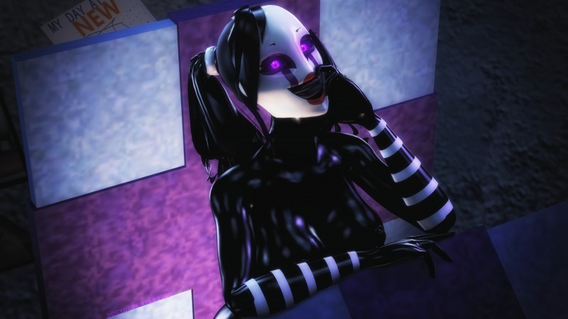 1girls, 3d, black body, black hair, breasts, female, five nights at freddy's, looking back, marionette (fnaf), puppet (fnaf), purple eyes, smile, solo, tagme