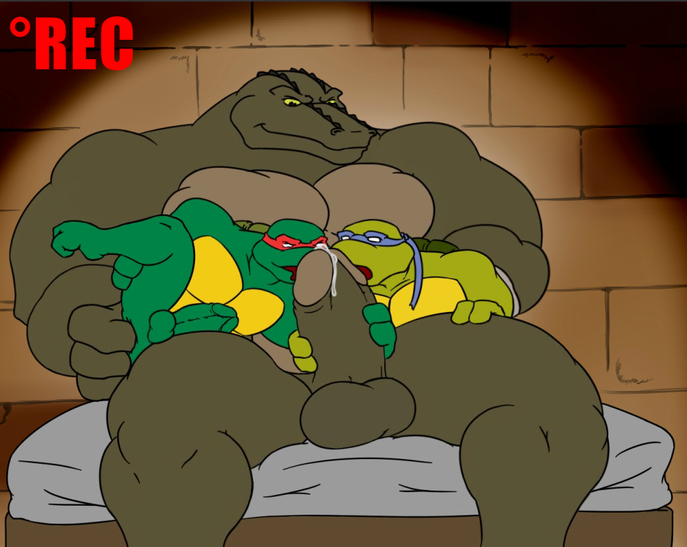 2010 anthro balls bodily_fluids crocodilian donatello_(tmnt) erection fingering genital_fluids genitals group group_sex gs humanoid_genitalia humanoid_penis leatherhead male male/male penis precum raphael_(tmnt) reptile scalie sex size_difference teenage_mutant_ninja_turtles threesome turtle