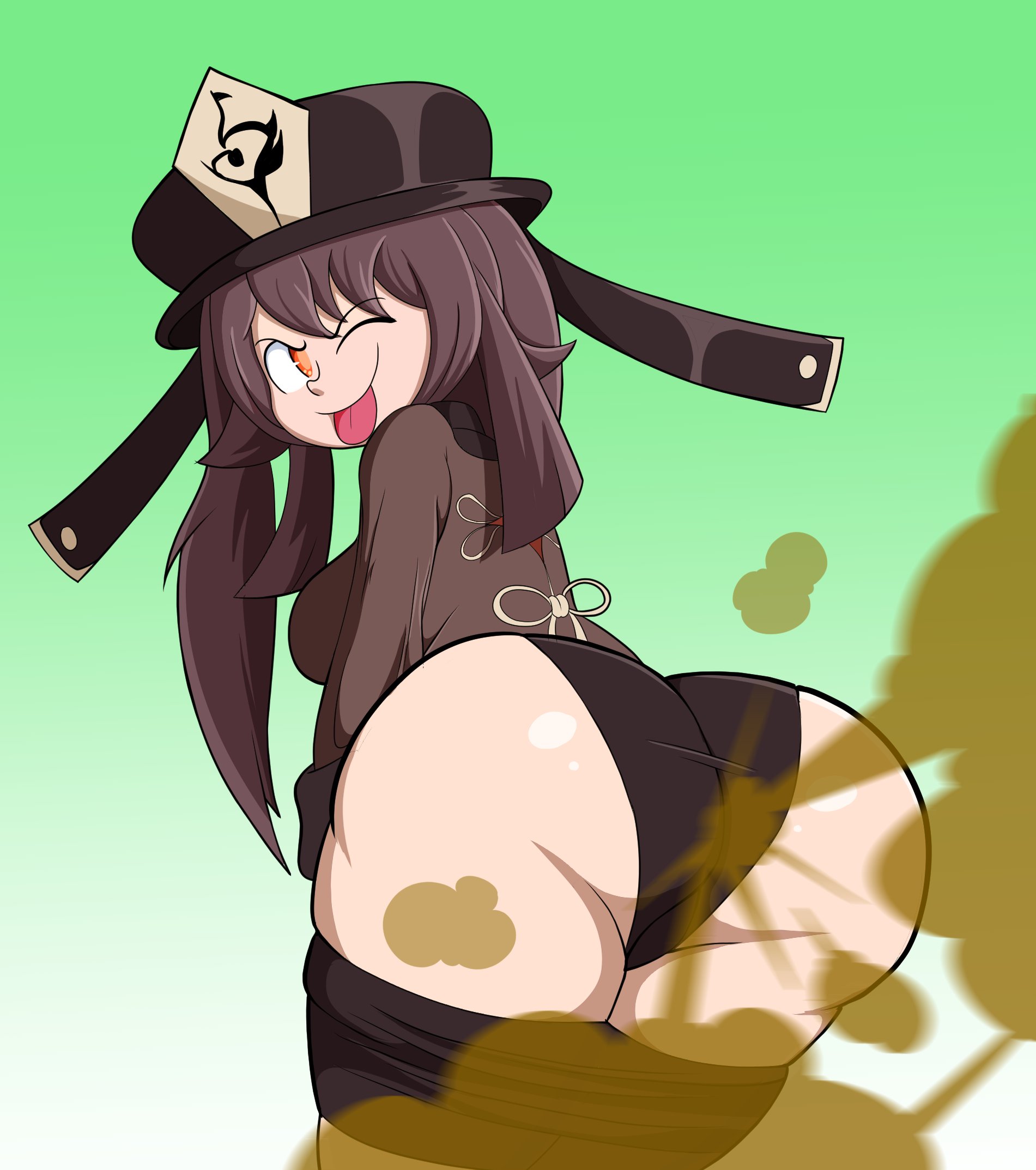 1girls, ass, big ass, big butt, black panties, brown hair, fart, fart cloud, fart fetish, farting, female, female only, genshin impact, hat, hu tao (genshin impact), looking back, one eye closed, orange eyes, panties, protorepulsive, repulsiveproto, shorts down, smile, solo, thick thighs, tongue, tongue out, wink