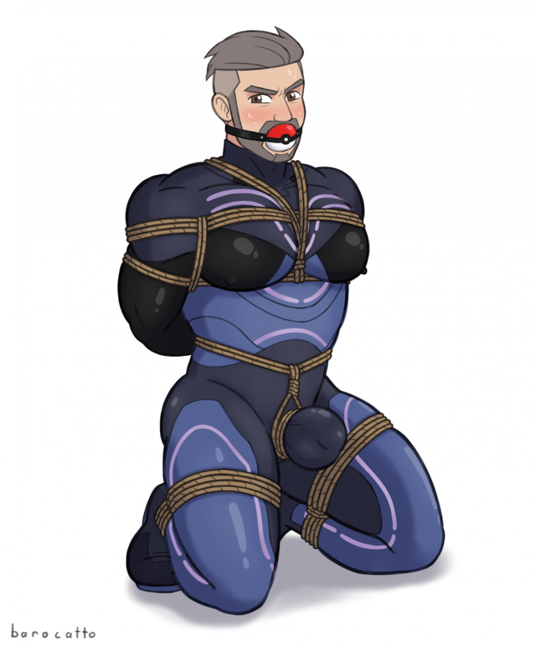 1boy ball_gag bara barocatto bondage bulge gag gagged_male gay male male_focus male_only npc_trainer poke_ball_gag pokemon pokemon_sv professor_turo rope rope_bondage solo tied_up