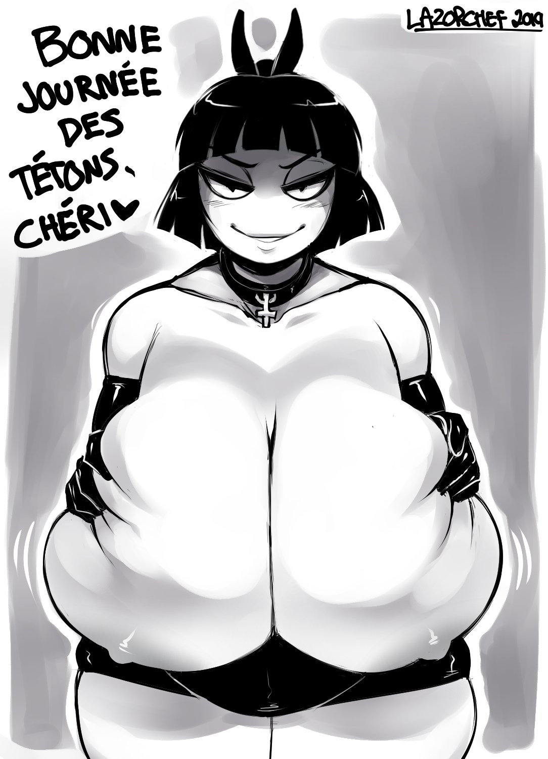 black hair, breasts, choker, chubby, chubby female, cleavage, creepy susie, female, female focus, french, french text, gloves, goth, handwear, hips, huge breasts, human, lazorchef, looking at viewer, monochrome, neckwear, nipples, pale skin, short hair, skirt, solo, solo female, speech bubble, the oblongs, watermark, white skin, wide hips