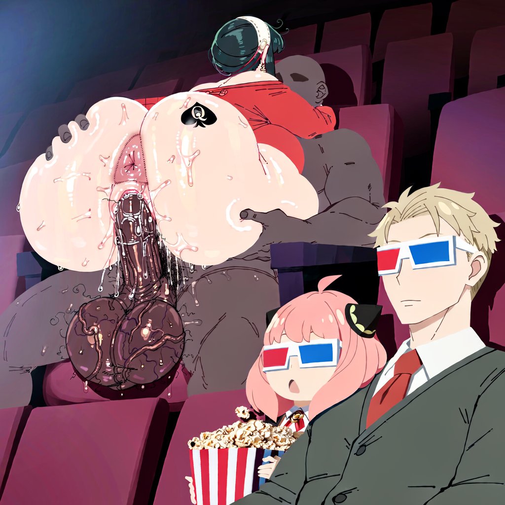 ai generated, anya forger, big ass, big balls, big butt, big penis, cheating, cheating wife, dark-skinned male, huge ass, huge balls, huge butt, hugging partner, ishimo, loid forger, movie theater, netorare, ntr, oblivious, queen of spades, riding cock, riding penis, spy x family, tattoo on butt, vaginal, vaginal penetration, yor briar, yor forger