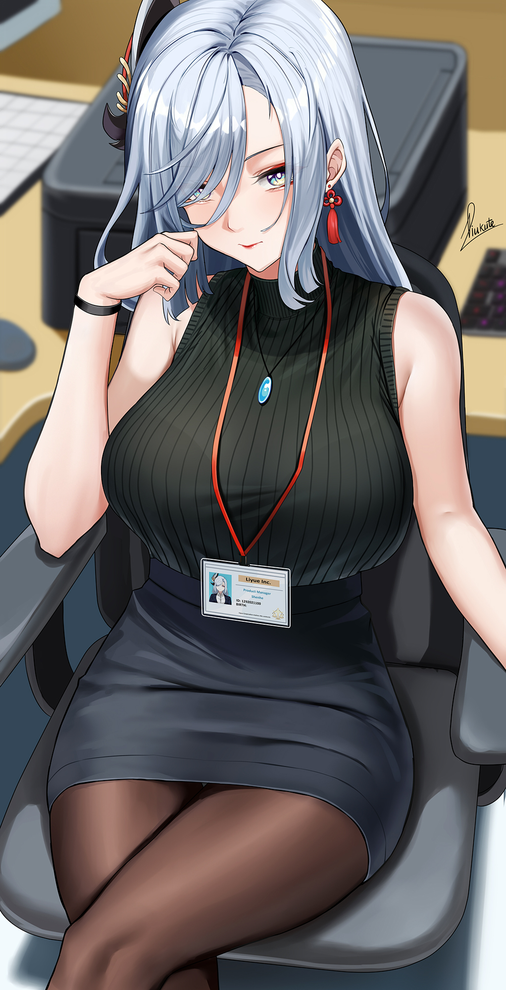 1girls absurd_res bare_shoulders big_breasts black_leggings black_legwear black_pantyhose black_skirt blue_eyes blush bra bracelet breasts crossed_legs detailed_background earrings female genshin_impact hair_ornament hair_over_one_eye hand_on_head hi_res highres hips huge_breasts lanyard large_breasts leggings legs_crossed light-skinned_female light_skin looking_at_viewer name_tag necklace office office_lady pantyhose piukute062 purple_eyes ribbed_sweater see-through see-through_clothing shenhe_(genshin_impact) shoulders sitting sitting_on_chair skirt sleeveless slim_waist small_waist solo sweater thick thick_thighs thighs tight_clothing waist white_hair wide_hips