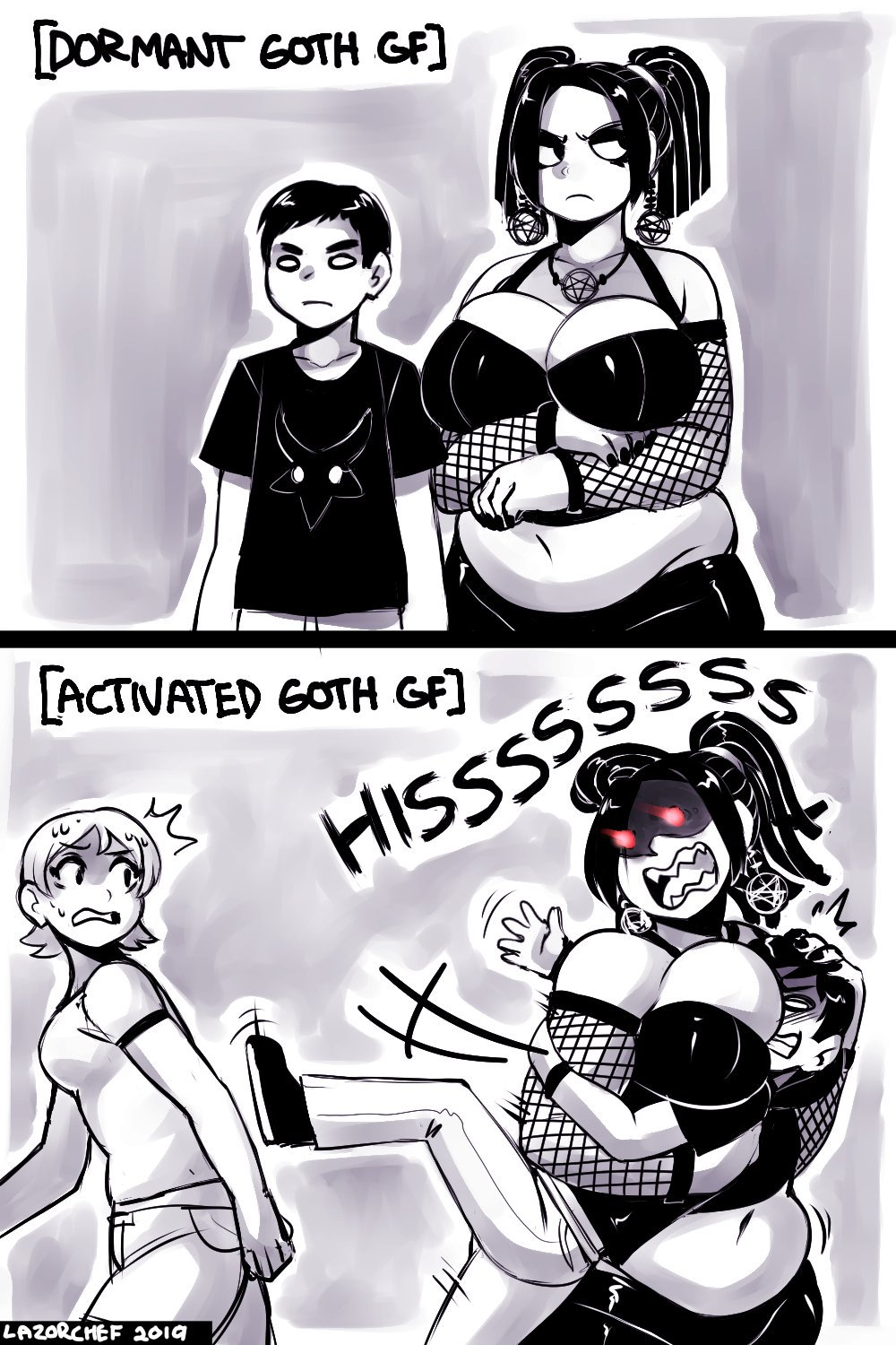 1boy 1boy1girl 1girls aggressive belly belly_overhang big_breasts breasts chubby chubby_female cleavage earrings female fishnet_armwear fishnets goth goth_girl hips hissing larger_female lazorchef male monochrome necklace protective short_hair shorter_male smaller_male taller_girl text_bubble twintails watermark wide_hips