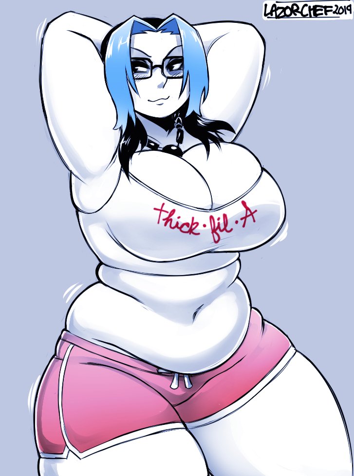 belly, belly overhang, big breasts, breasts, cassia (lazorchef), chubby, chubby female, cleavage, female, female focus, glasses, hands behind head, hips, lazorchef, multicolored hair, necklace, obese, overweight, plump, shorts, solo, solo focus, tank top, thick thighs, thighs, watermark, wide hips