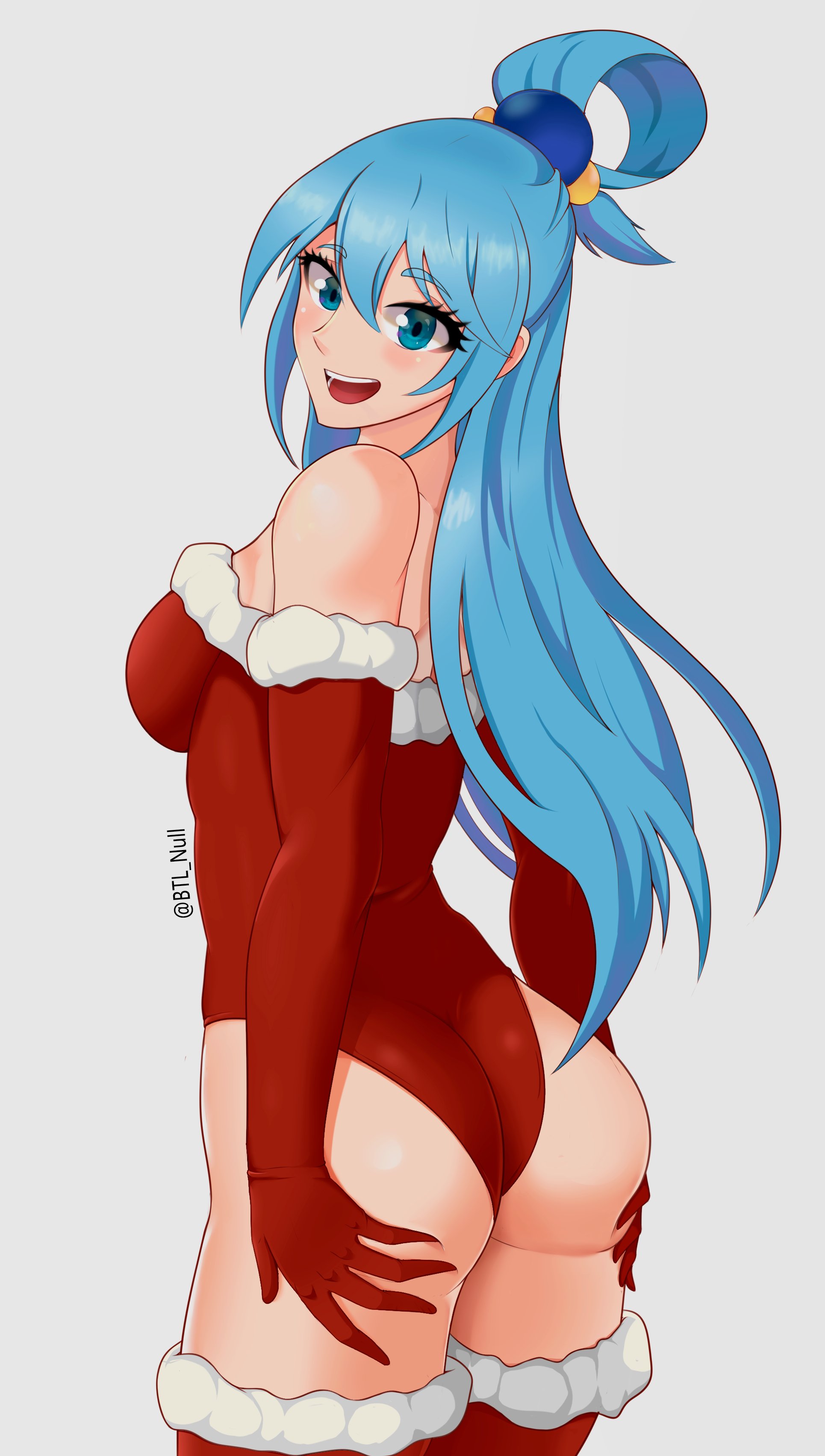 1girls, aqua (konosuba), ass, big ass, big butt, blue eyes, blue hair, btl null, christmas, eye contact, female, gloves, grabbing own ass, kono subarashii sekai ni shukufuku wo!, long hair, looking at viewer, revealing clothes, solo, thick thighs, thighhighs, thighs