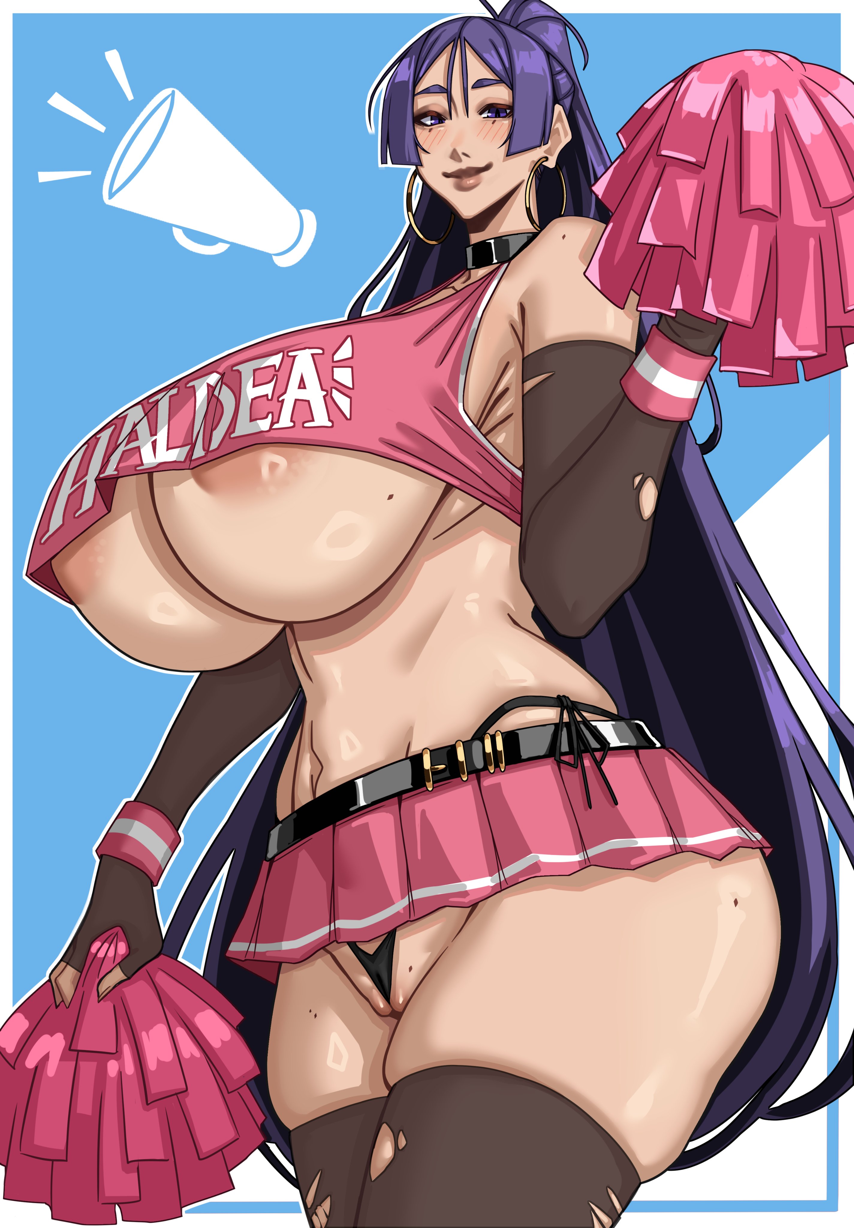 1girls, alecto 0, areolae, areolae visible through clothing, armwear, big breasts, black thong, blush, bottomwear, breasts, cheerleader, cheerleader outfit, cheerleader uniform, collar, ear piercing, earrings, fate (series), fate/grand order, female, female only, hair, holding object, hoop earrings, huge breasts, large breasts, legwear, mature, mature female, mature woman, milf, minamoto no raikou (fate/grand order), miniskirt, neckwear, pom poms, purple eyes, purple hair, smile, solo, solo female, text, thong, topwear