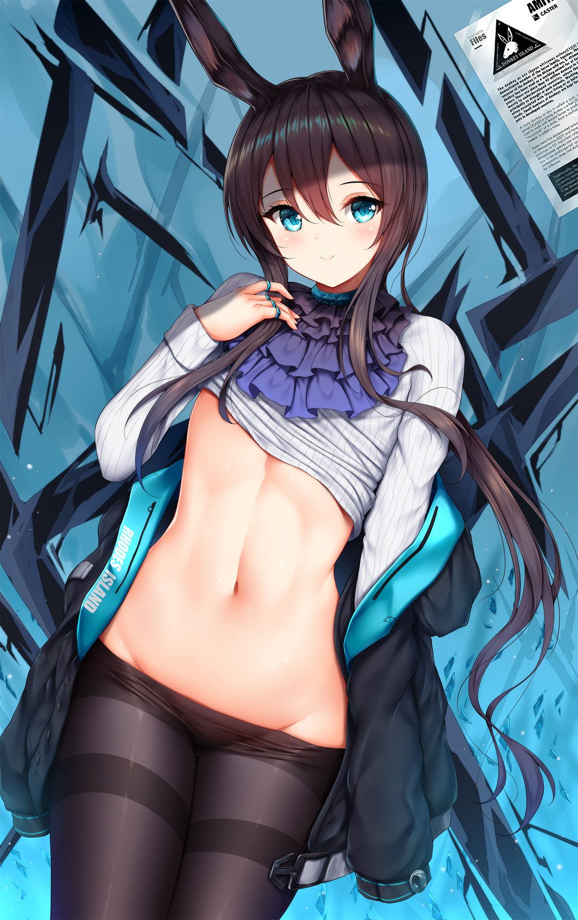 1girls, amiya (arknights), animal ears, arknights, ascot, bangs, black legwear, blue eyes, blush, breasts, brown hair, closed mouth, clothes lift, cowboy shot, eyebrows visible through hair, female, female focus, female torso, groin, hair between eyes, highres, hood, hood down, hooded jacket, hoodie, jacket, jewelry, long hair, long sleeves, looking at viewer, multiple rings, navel, off shoulder, open clothes, open jacket, pantyhose, rabbit ears, rabbit girl, ribbed sweater, ring, shirt, shirt lift, sidelocks, sleeves past wrists, small breasts, smile, solo, stomach, sweater, thighband pantyhose, undressing, white shirt, wsman, zipper