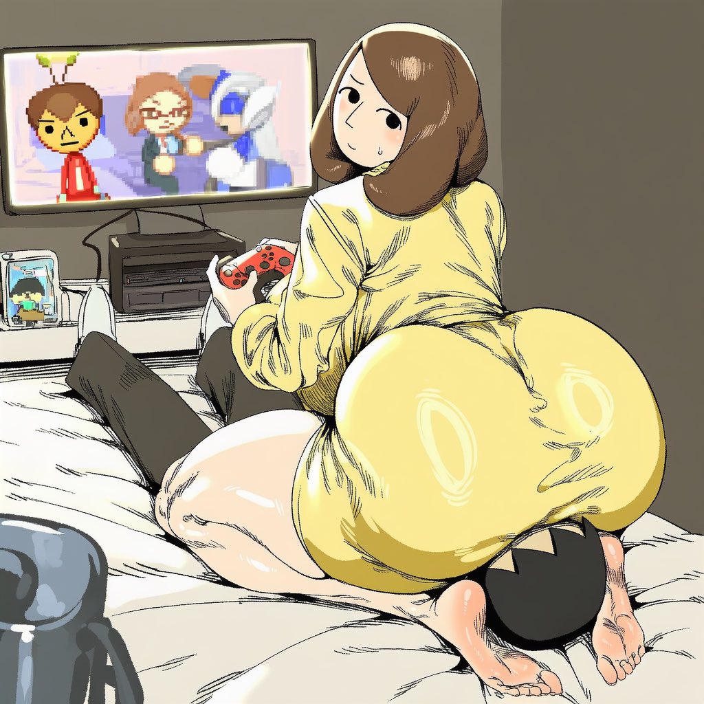 1boy, 1girls, ass, ass focus, barefoot, bed, black eyes, black hair, breasts, brown hair, clothing, controller, curvy, dress, feet, female, from behind, game console, game controller, girl on top, hetero, holding, huge ass, huge breasts, indoors, looking at viewer, looking back, lying, male, mature female, mii, nintendo, on back, on bed, playing games, plump, short hair, sitting, sitting on face, sitting on person, soles, sweatdrop, television, thick thighs, thighs, toes, video game, wide hips, yellow dress
