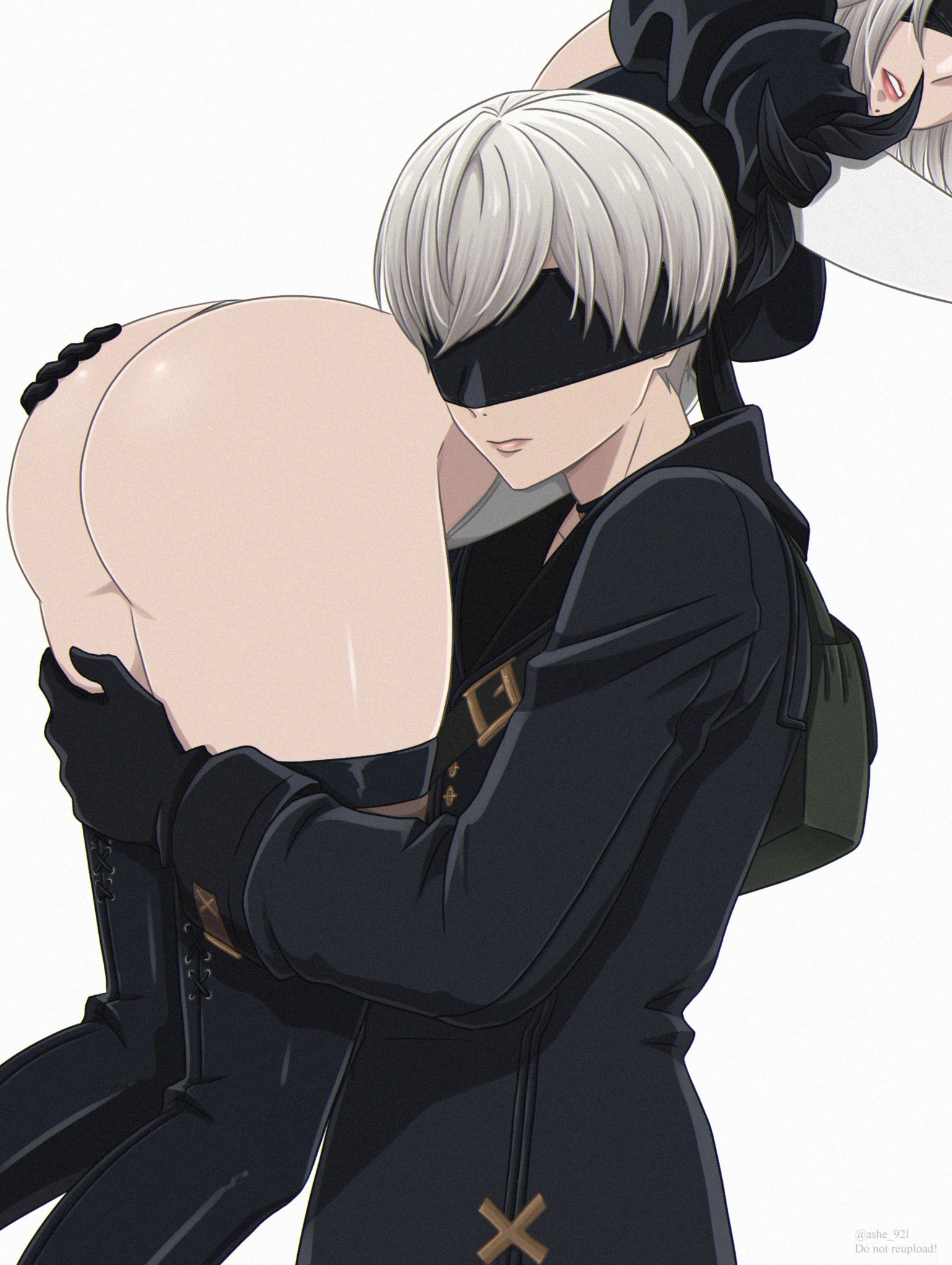 1boy, 1girls, android, android boy, android girl, artist request, ass, ass bigger than head, ass crack, ass focus, ass grab, ass up, bandage, bangs, big ass, big butt, big thighs, blindfold, child bearing hips, couple, couple love, feather-trimmed sleeves, high heels, holding, holding ass, large ass, large butt, large thighs, leotard, lifted by another, lifting person, light skin, light-skinned female, light-skinned male, nier, nier (series), nier: automata, panties, skirt removed, tagme, thick thighs, thighhighs, video game character, white background, white hair, wide ass, wide hipped female, wide hips, wide thighs, yorha 2b, yorha 9s