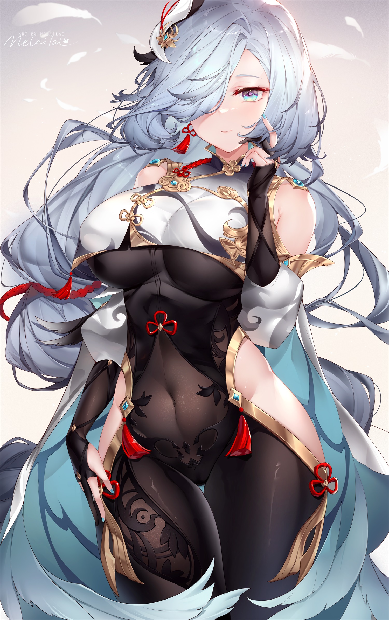 1girls, abs, absurd res, belly button, big breasts, black bodysuit, blue eyes, blush, bodysuit, breasts, female, genshin impact, hair ornament, hair over one eye, hair ribbon, hand on thigh, hi res, highres, hips, huge breasts, large breasts, looking at viewer, melailai, midriff, purple eyes, see-through, see-through clothing, shenhe (genshin impact), shoulders, simple background, slim waist, small waist, solo, thick, thick thighs, thigh gap, thighs, underboob, waist, white background, white hair, wide hips