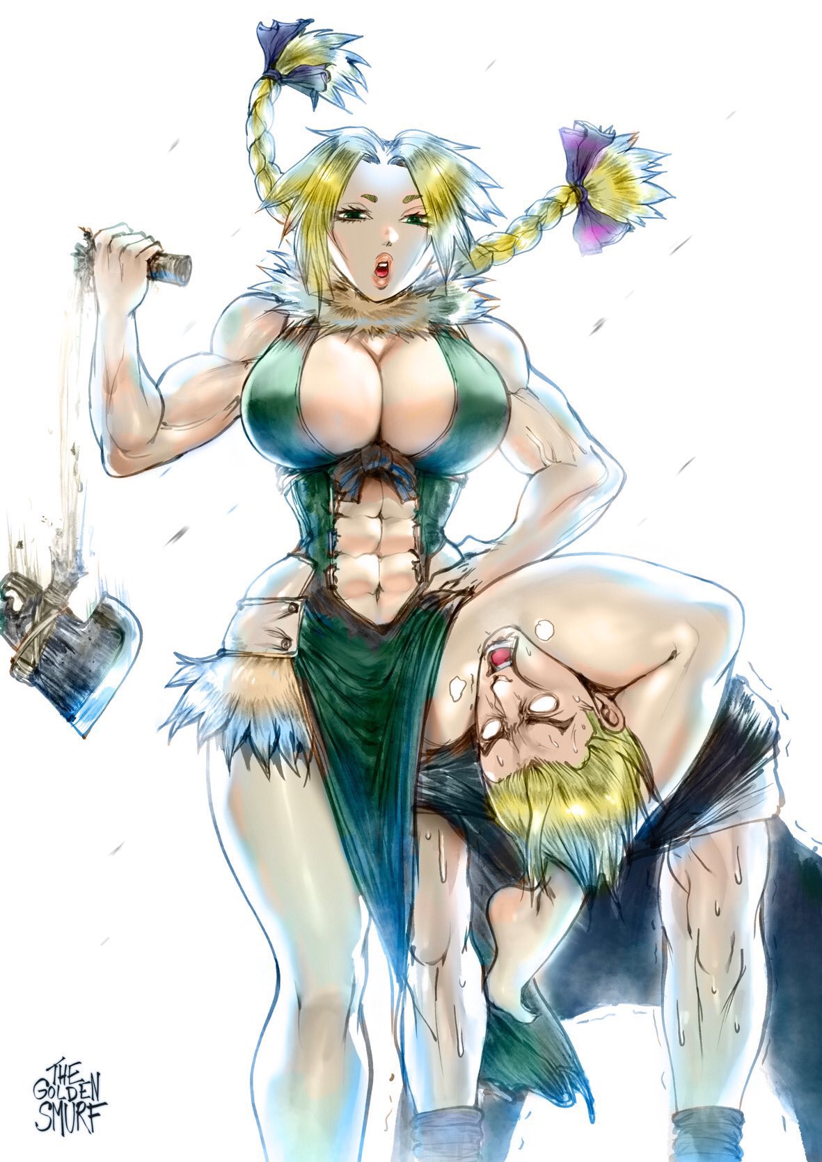 1boy 1girls abs breasts colorized dr.stone female hanada_nikki hi_res large_breasts leg_around_neck long_hair looking_at_viewer magma_(dr.stone) muscular_arms muscular_female muscular_thighs nikki_(dr.stone) standing_on_one_leg taller_female thegoldensmurf thick_lips thick_thighs thigh_choking thin_waist twintails white_background wide_hips