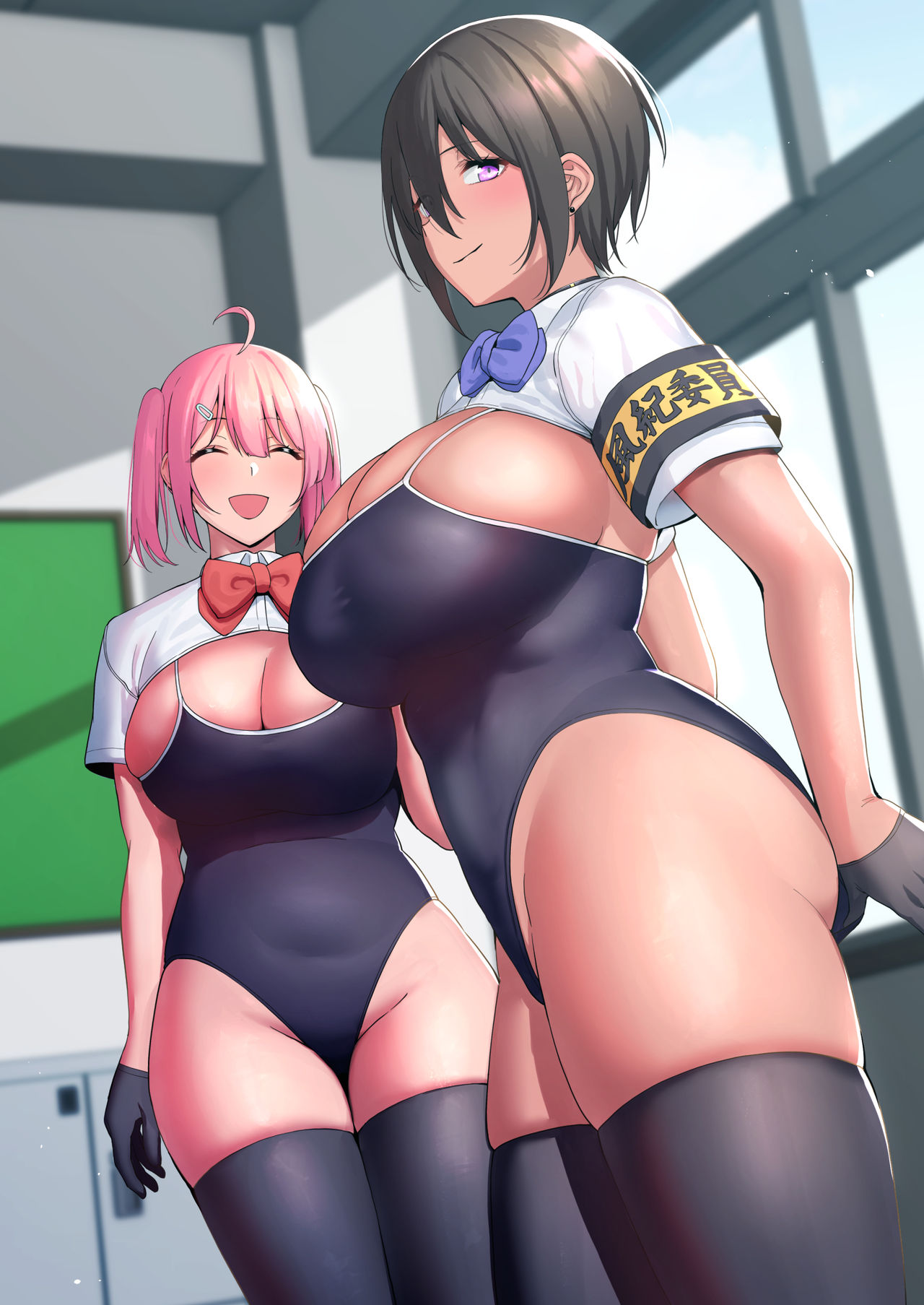 amano_don big_breasts pink_hair school_swimsuit school_uniform short_hair thick_ass thick_thighs