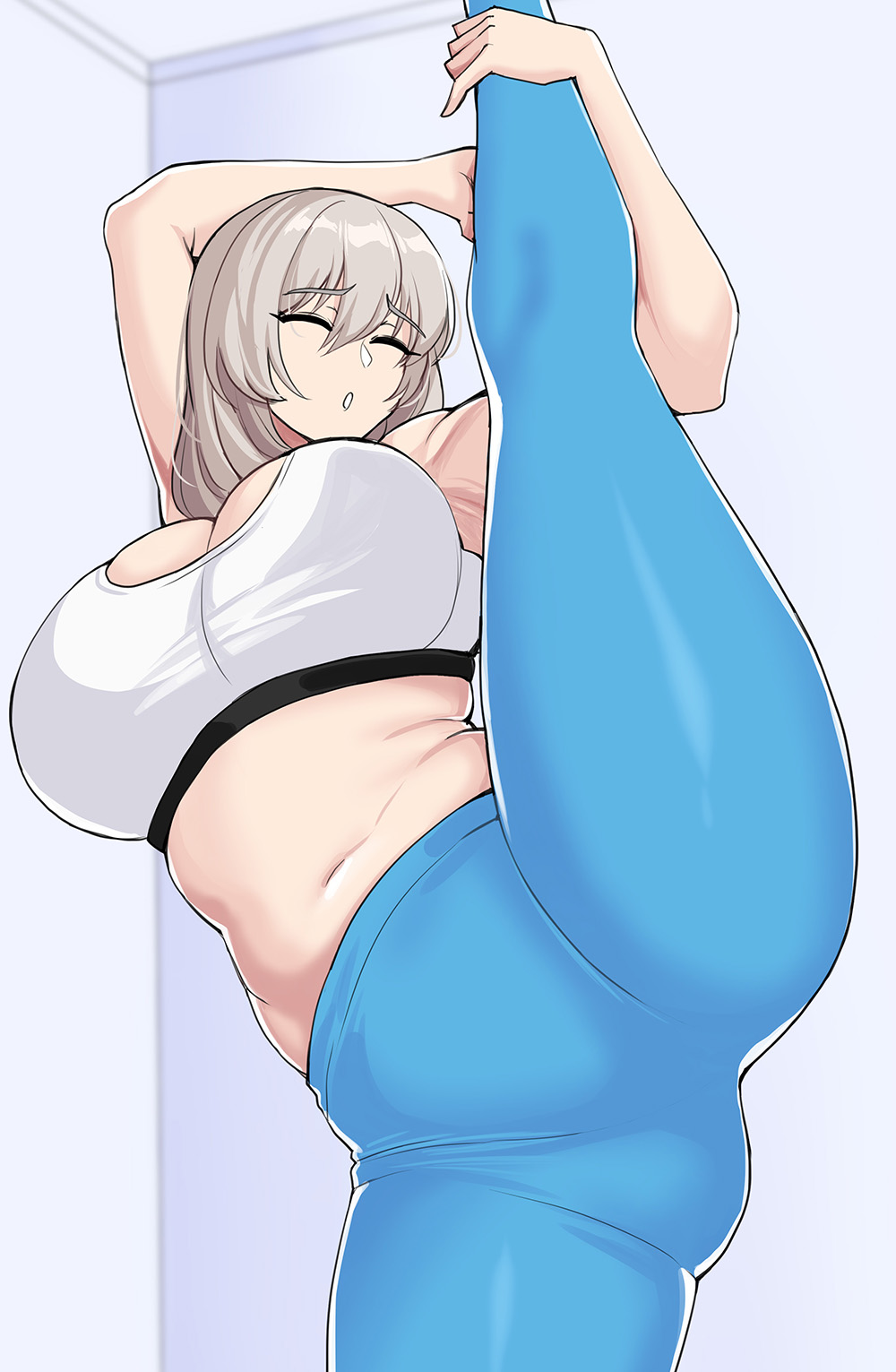 1girls, 2021, alternate version available, blush, breasts, clothed, clothed female, drogod (artist), female, female only, grey hair, hips, huge breasts, looking at viewer, mature female, milf, mother, no text version, side ponytail, smile, sportswear, standing split, stretching, thick thighs, thighs, uzaki tsuki, uzaki-chan wa asobitai!, vertical splits, wide hips, workout clothes
