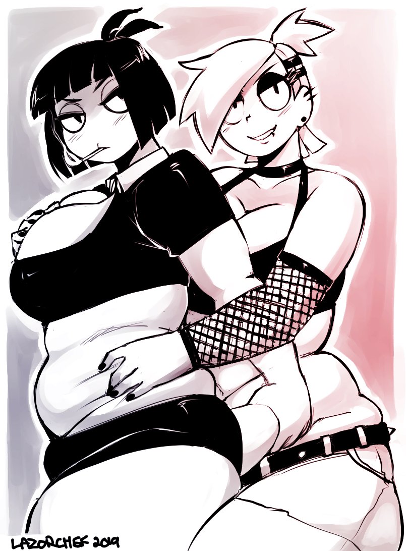 2girls, belly, big breasts, blouse, bob cut, breast grab, breasts, cartoon network, choker, chubby, chubby female, cleavage, creepy susie, detached sleeves, ear piercing, earrings, eyelashes, eyeliner, eyeshadow, female, female focus, female only, fishnet armwear, fishnets, foster's home for imaginary friends, frankie foster, goth, goth girl, grabbing belly, grabbing from behind, hug, huge breasts, lazorchef, makeup, medium hair, monochrome, nail polish, piercing, piercings, shirt, short hair, short shorts, shorts, smoking, the oblongs, thick thighs, thighs, watermark, yuri