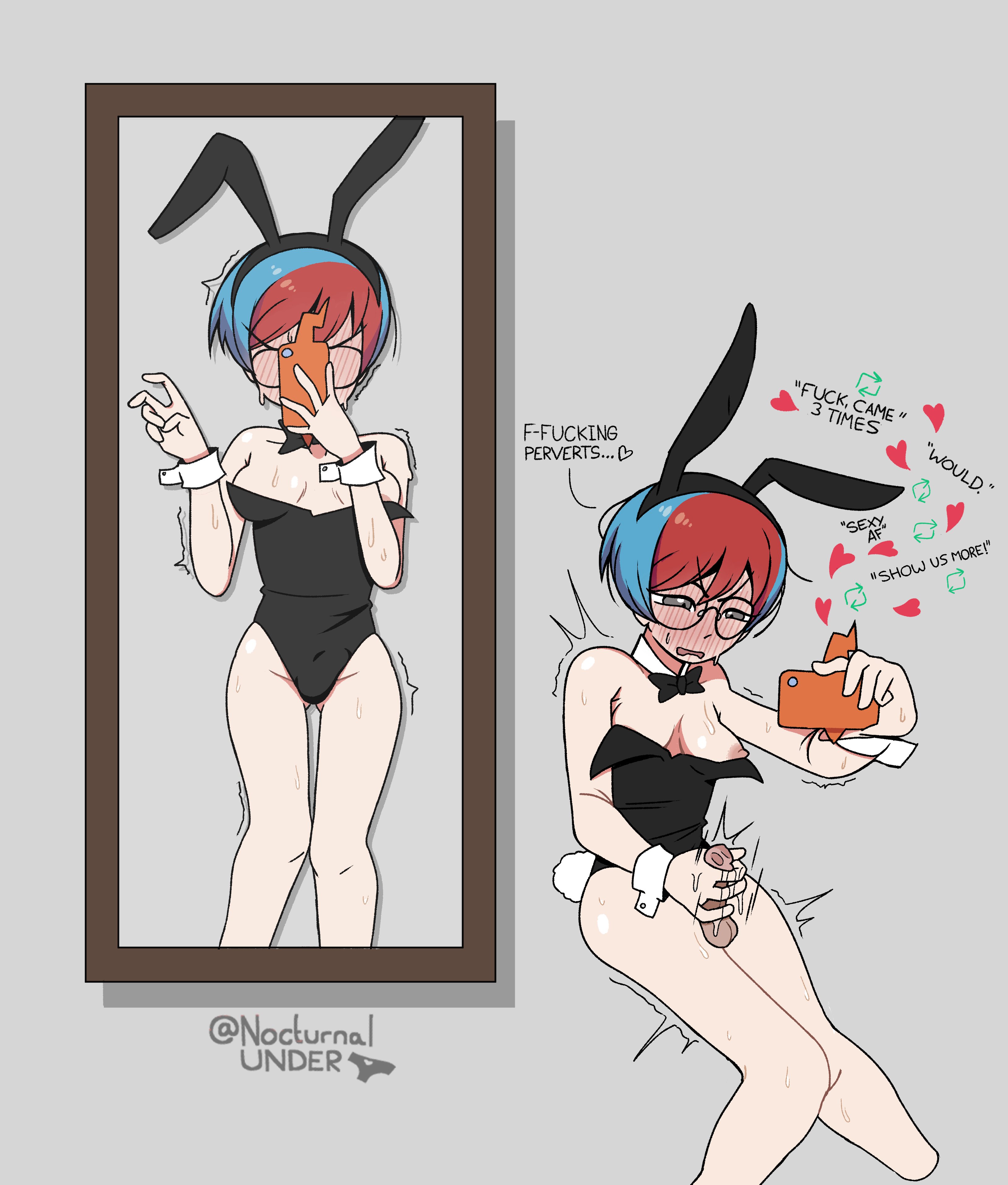 1person, animal ears, animal tail, arms, artist name, bangs, black bunny ears, black bunnysuit, black eyewear, black glasses, black text, black tie, blue hair, blush, bob cut, boobs, bow, bowtie, breasts, bulge, bulge through clothing, bunny ears, bunny ears headband, bunny tail, bunnysuit, cleavage, clothed, clothing, cock, collar, cuffs, dick, dickgirl, eyes, eyewear, feet out of frame, futa only, futa solo, futanari, girl, glasses, gray eyes, grey eyes, hair, hands, headband, headwear, heart, holding, holding object, holding phone, jerking, jerking off, jerkingoff, legs, light skin, light-skinned futa, masturbation, medium breasts, mirror, mirror selfie, multicolored hair, nipples, nocturnalunder, open mouth, panties, peace sign, penis, penis bulge, penny (pokemon), phone, photo, pokemon, pokemon scarlet & violet, pokemon scarlet and violet, pokemon sv, profanity, red blush, red hair, repost, rotom, rotom phone, selfie, short hair, solo, solo futa, solo futanari, stroking, stroking cock, stroking penis, tail, thighs, tie, tits, trans woman, transfem, transgender, transgender woman, twitter, twitter username, v sign, white tail