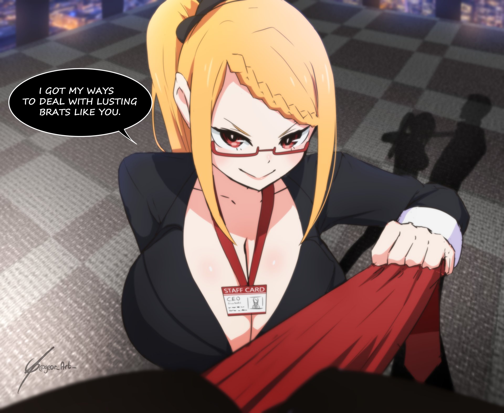 1boy, 1girls, blonde hair, breasts, cleavage, english text, female, french braid, gear art, huge breasts, looking at viewer, male, office lady, pov, priscilla barielle, pulling, re:zero kara hajimeru isekai seikatsu, red eyes, side ponytail, sidelocks, smug