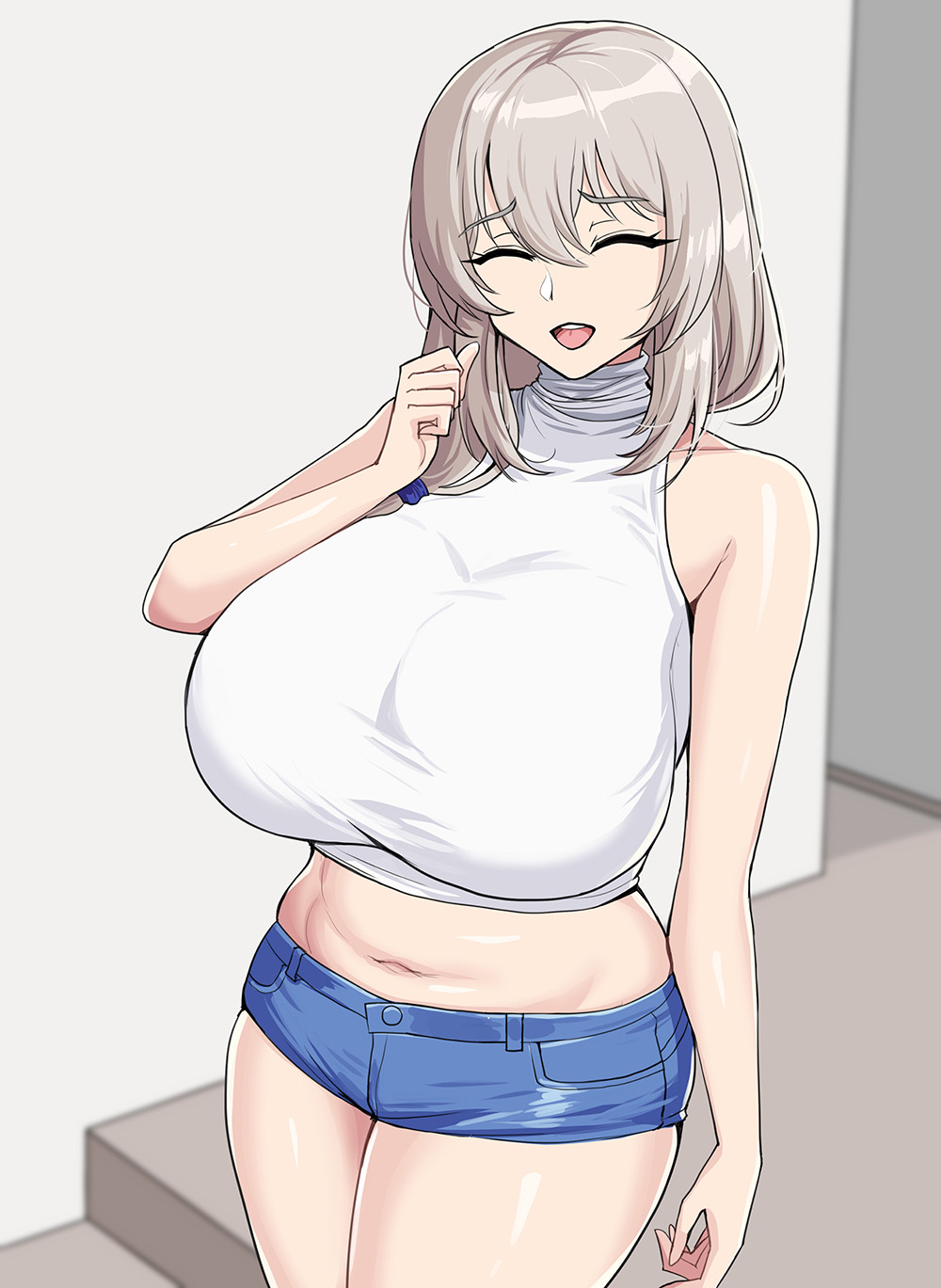 1girls, 2021, alternate version available, blush, breasts, clothed, clothed female, drogod (artist), female, female only, grey hair, hips, huge breasts, looking at viewer, mature female, milf, mother, no text version, side ponytail, smile, thick thighs, thighs, uzaki tsuki, uzaki-chan wa asobitai!, white shirt, wide hips