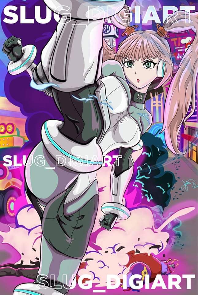 aqua_eyes armor explosion fighting kicking leg_up long_hair metal_slug metal_slug_attack nova_(metal_slug) pink_hair robot robot_girl slug_teasing snk tagme thick_thighs twintails