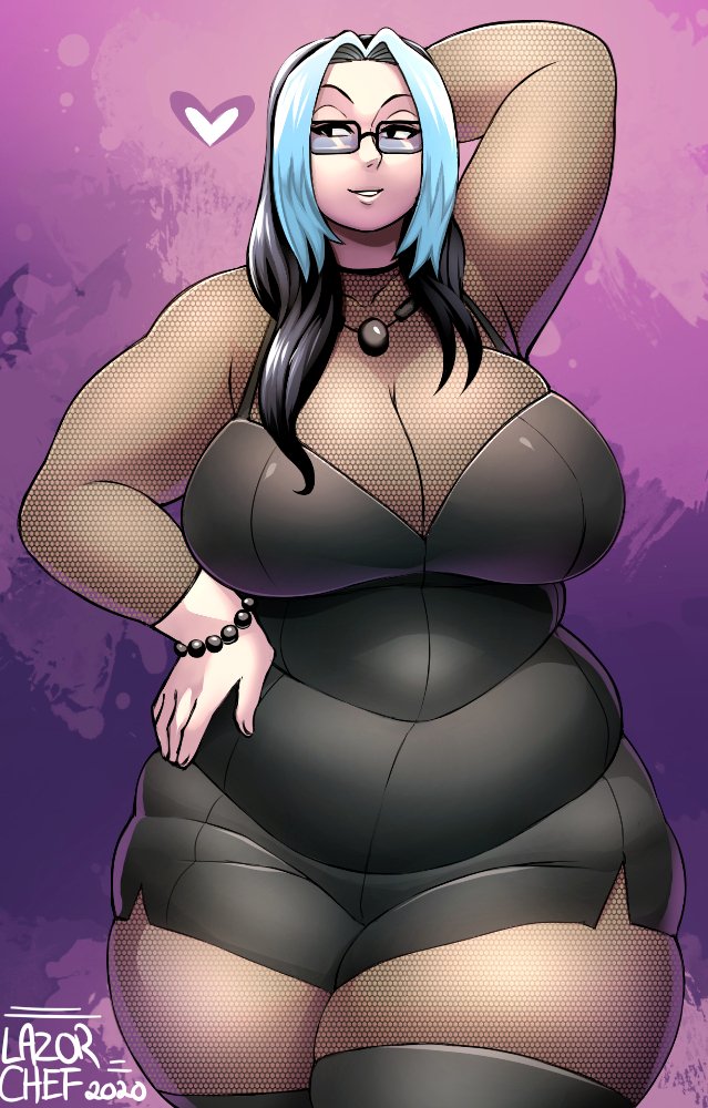 bbw, belly, belly bulge, big breasts, bracelets, breasts, cassia (lazorchef), chubby, chubby female, cleavage, female, female focus, fishnet armwear, fishnet bodysuit, fishnet legwear, fishnets, glasses, goth, hand on hip, hips, large breasts, lazorchef, multicolored hair, necklace, plump, seductive, seductive look, solo, solo female, thick thighs, thighs, watermark, wide hips