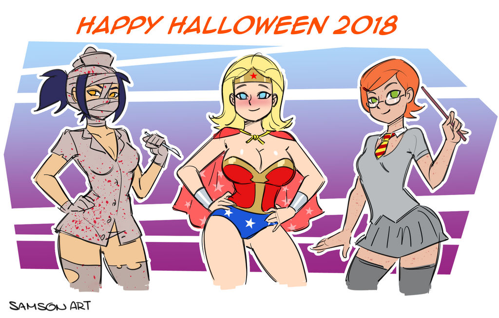 2018 3girls bandaged_head ben_10 big_breasts blonde_hair blue_eyes blue_hair cape clothed clothed_female crossover crossover_cosplay dated deviantart female female_only furaffinity glasses green_eyes grey_skirt gwen_tennyson halloween halloween_2018 halloween_costume hands_on_own_hips happy_female harry_potter hermione_granger_(cosplay) hogwarts_school_uniform inspector_gadget jackie_chan_adventures jade_chan long_hair looking_at_viewer multiple_girls necktie nurse_(silent_hill)_(cosplay) nurse_cap nurse_outfit nurse_uniform orange_eyes orange_hair original_gwen penny_gadget ponytail samson_00 scalpel school_uniform short_hair silent_hill stockings straight_hair tiara uniform wand wonder_woman_(cosplay)