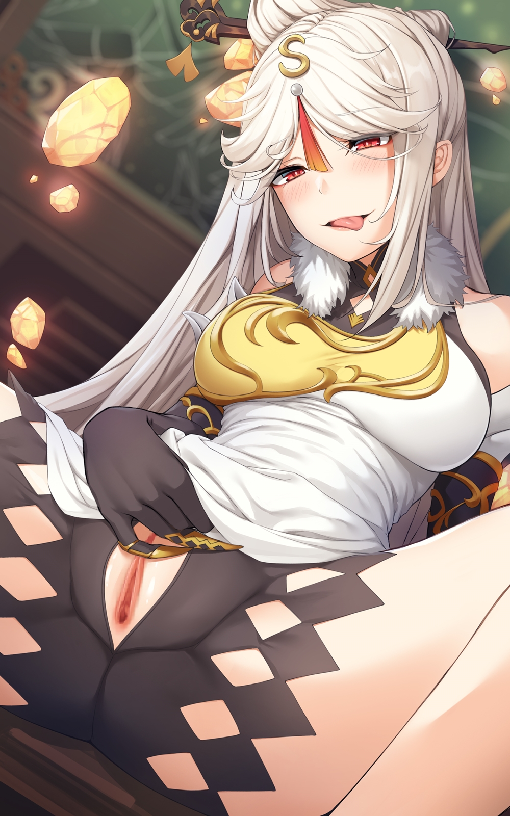 blush breasts censored china_dress chinese_clothes commentary_request dress eyebrows_visible_through_hair female genshin_impact gloves hair_ornament highres jewelry long_hair looking_at_viewer ningguang_(genshin_impact) papino pussy red_eyes spread_legs spread_pussy tongue tongue_out white_hair