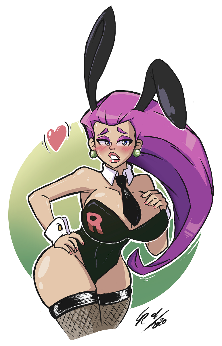 1girls, 2020, aqua eyes, ass, big ass, big breasts, blush, breasts, bunny ears, bunnysuit, cleavage, clenched teeth, female, female only, human, human only, jessie (pokemon), long hair, looking at viewer, nintendo, pink hair, pokemon, seductive, simple background, solo, team rocket, thick thighs