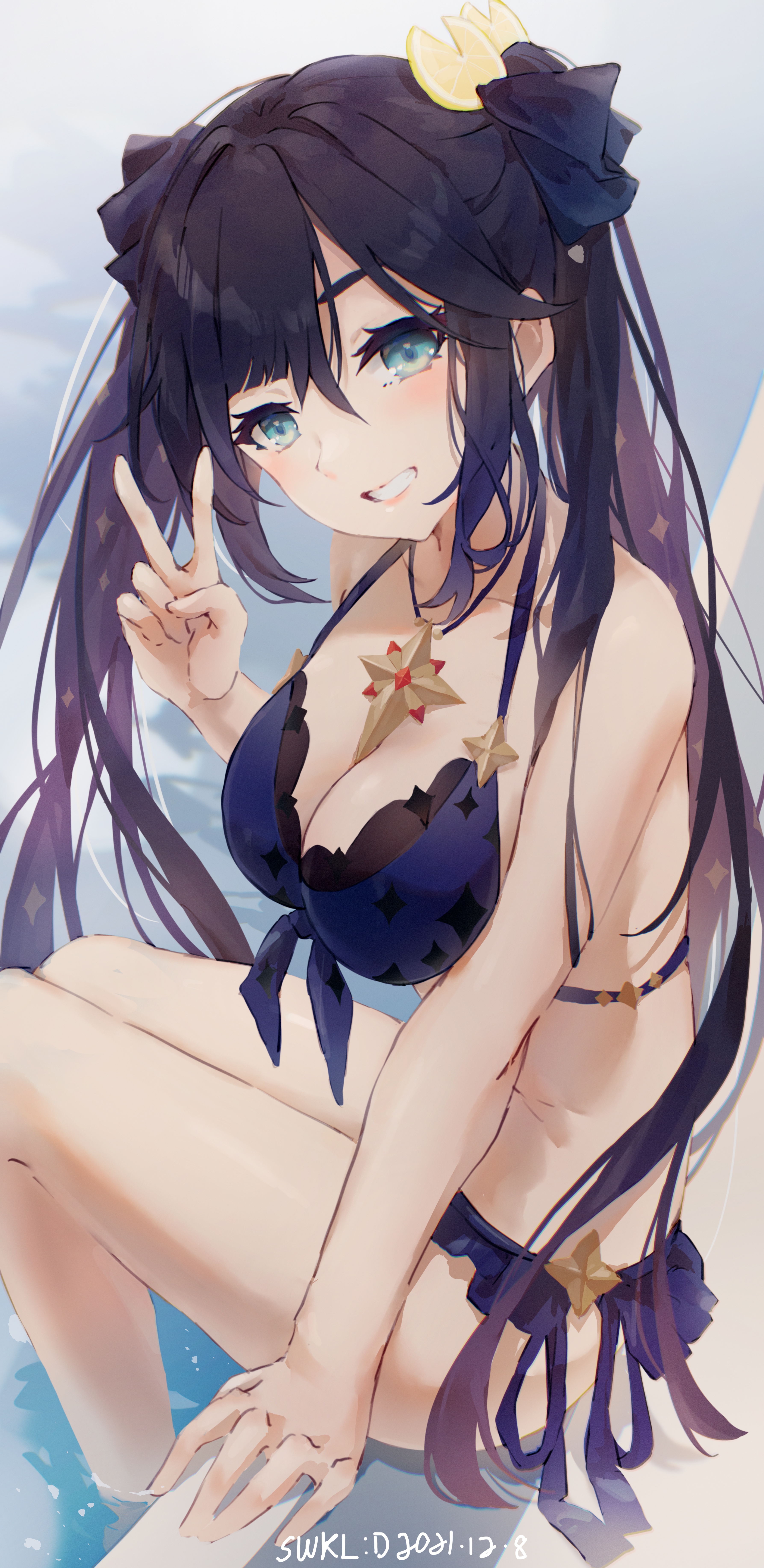 1girls, absurdres, aqua eyes, artist name, bangs, bikini, black hair, blue bikini, breasts, dated, female, from side, genshin impact, hair ornament, hand up, hi res, highres, looking at viewer, medium breasts, mona (genshin impact), pool, poolside, sitting, smile, soaking feet, solo, sparkle print, swimsuit, swkl, teeth, twintails, v