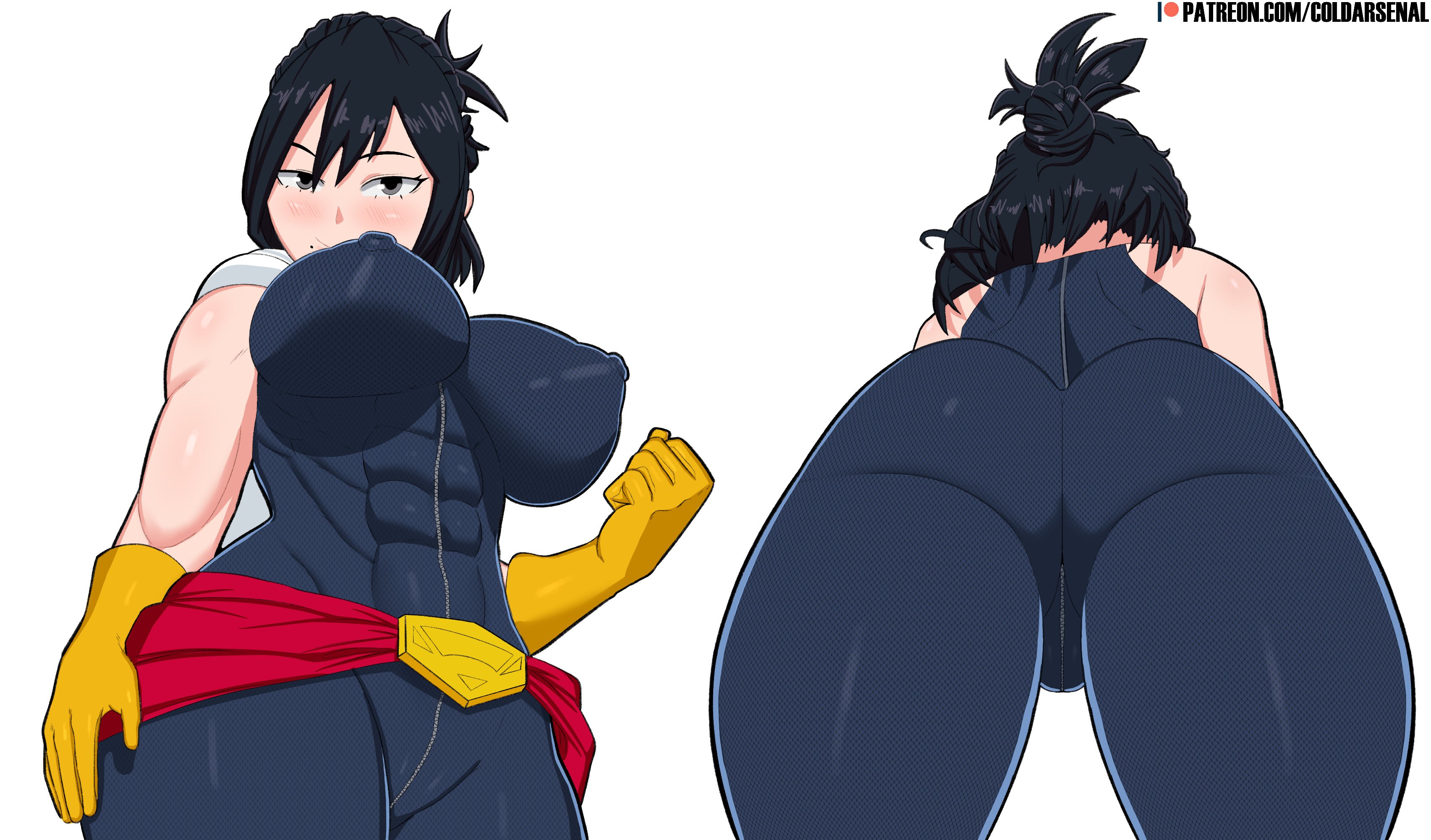 1girls, abs, ass, black hair, blush, blushing, boku no hero academia, coldarsenal, curvaceous, curvy, curvy figure, female, female focus, female only, huge ass, leotard, light skin, light-skinned female, looking at viewer, muscles, muscular, muscular female, my hero academia, nana shimura, nipple bulge, nipples, nipples visible through clothing, pale skin, pale-skinned female, shimura nana, short hair, simple background, skin tight, skin tight suit, solo, solo female, solo focus, thick thighs, voluptuous, wide hips