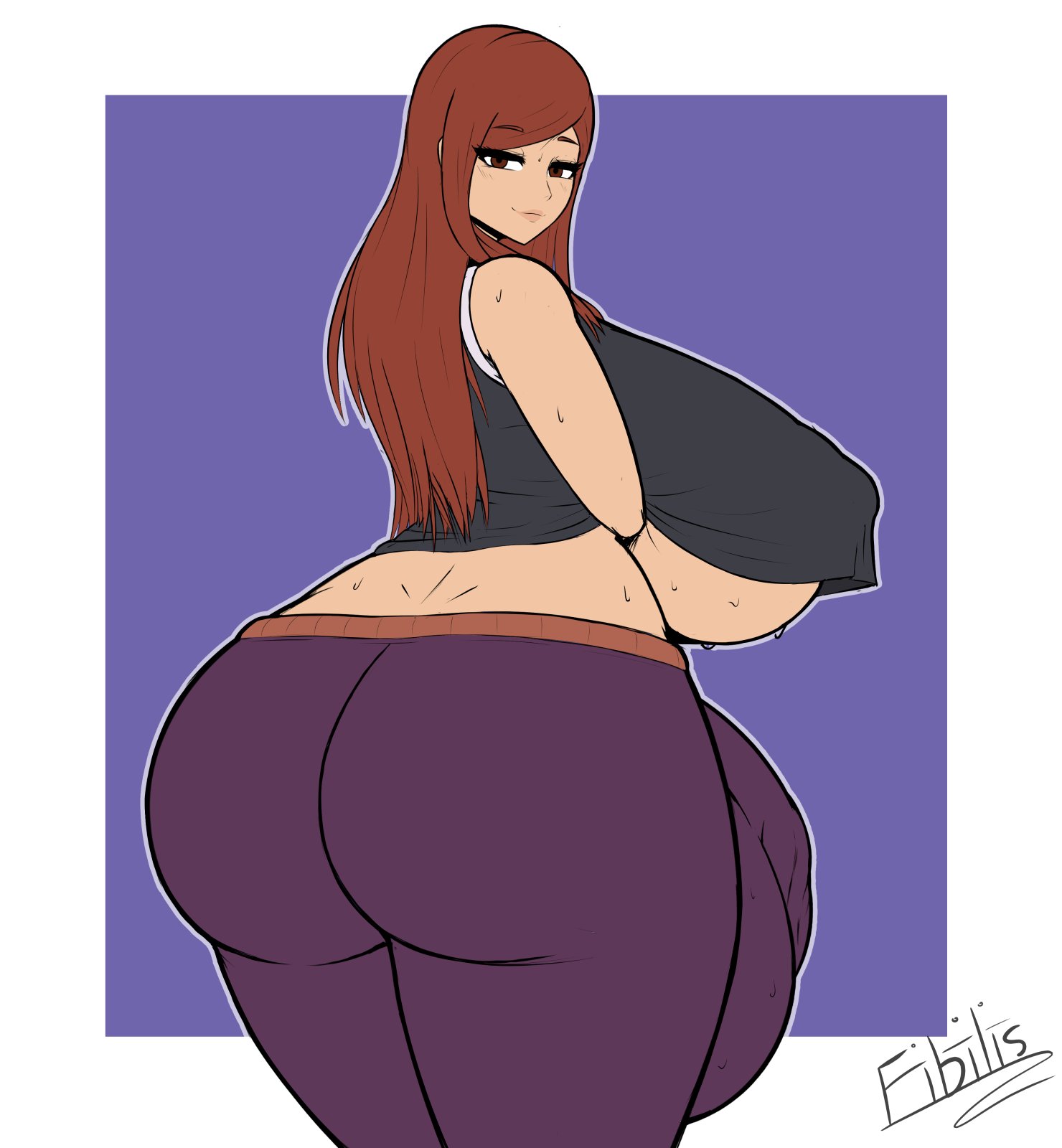 1futa, alternate outfit, ass, back, back view, balls, breasts, bulge, clothed, clothing, contemporary, dragon's crown, fibilis, flat colors, fully clothed, futa only, futanari, huge ass, huge balls, huge breasts, huge cock, huge testicles, human, hyper, hyper balls, hyper penis, intersex, light skin, light-skinned futa, looking at viewer, looking back, pale skin, penis, smile, solo, sorceress (dragon's crown), standing, sweat, testicles, underboob, yoga pants