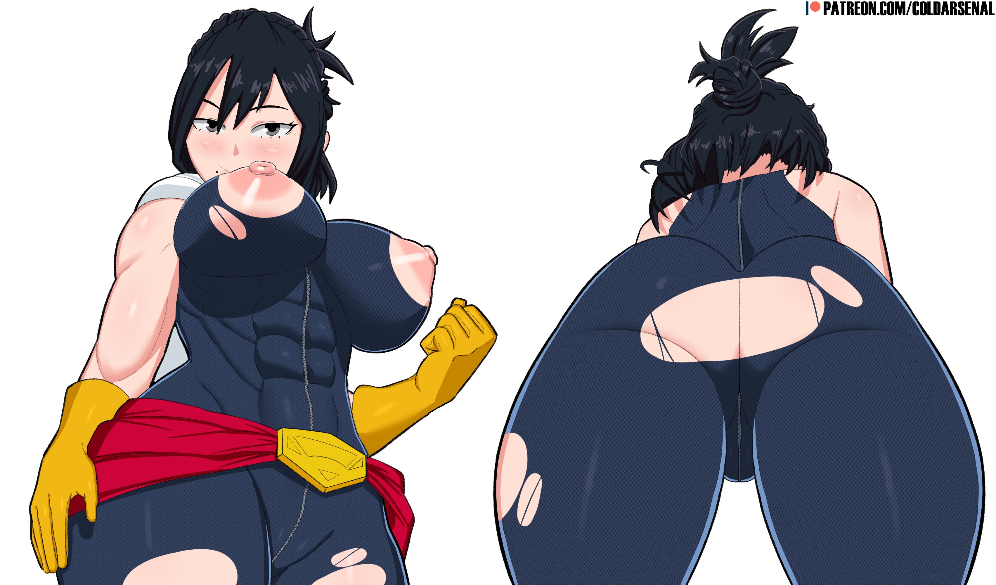 1girls, abs, areolae, ass, black hair, blush, blushing, boku no hero academia, coldarsenal, curvaceous, curvy, curvy figure, female, female focus, female only, huge ass, leotard, light skin, light-skinned female, looking at viewer, muscles, muscular, muscular female, my hero academia, nana shimura, nipples, pale skin, pale-skinned female, ripped clothing, shimura nana, short hair, simple background, skin tight, skin tight suit, solo, solo female, solo focus, thick thighs, torn clothes, torn clothing, voluptuous, wide hips
