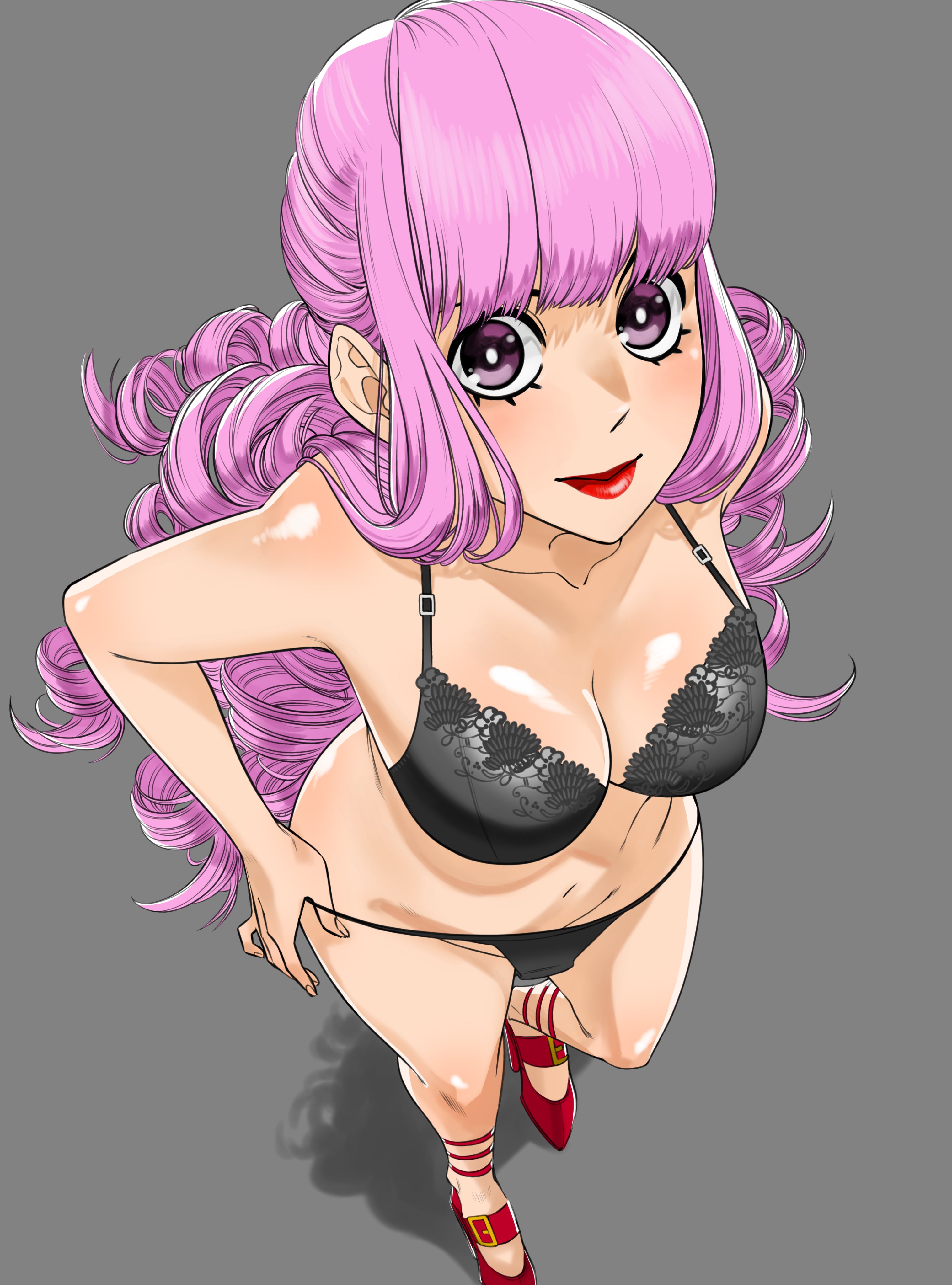1girls, bra, breasts, eye contact, female, female only, high heels, lipstick, looking at viewer, one piece, panties, perona, pink hair, pink-haired female, post-timeskip, purple eyes, red lipstick, solo, taihengold, thick thighs, thighs