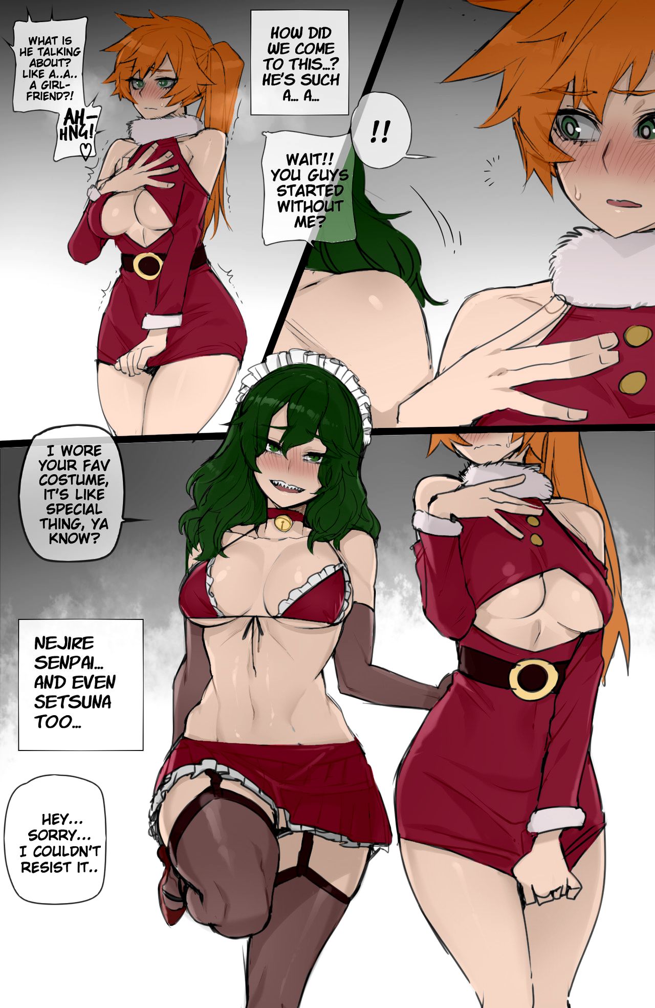 2girls, blush, breasts, christmas, dialogue, dress, english text, female, female only, green hair, green-haired female, itsuka kendou, kendou itsuka, multiple females, multiple girls, my hero academia, orange hair, orange-haired female, ratatatat74, side ponytail, skirt, text, tokage setsuna, underboob