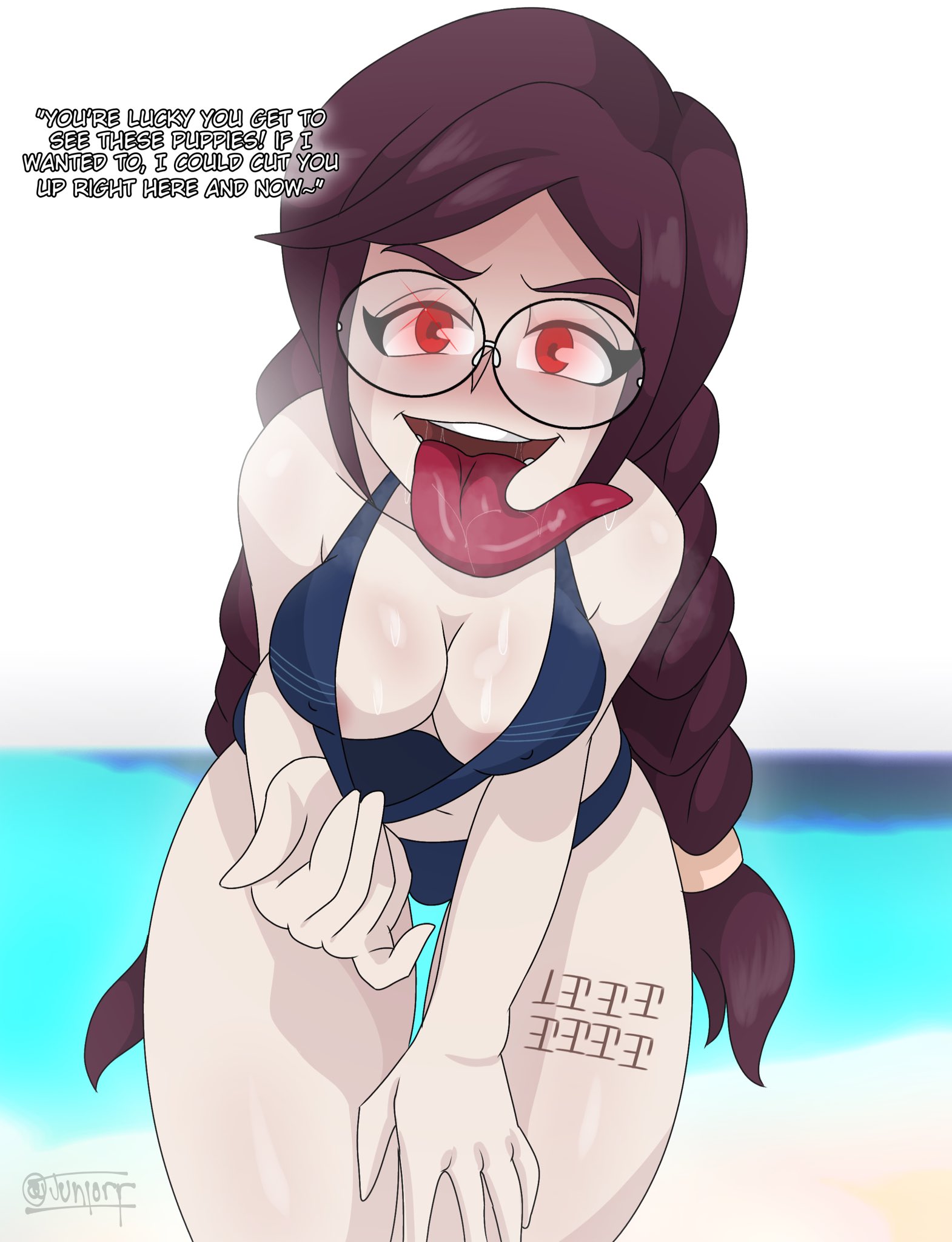 1girls, beach, bikini, blue swimsuit, breasts, danganronpa, danganronpa ultra despair girls, dialogue, english text, female, fukawa touko, genocider shou, glasses, imminent death, imminent sex, junior art , long hair, looking at viewer, open mouth, public exposure, purple hair, red eyes, scars, showing breasts, smooth skin, solo, swimsuit, text, tongue, tongue out, twintails, white skin