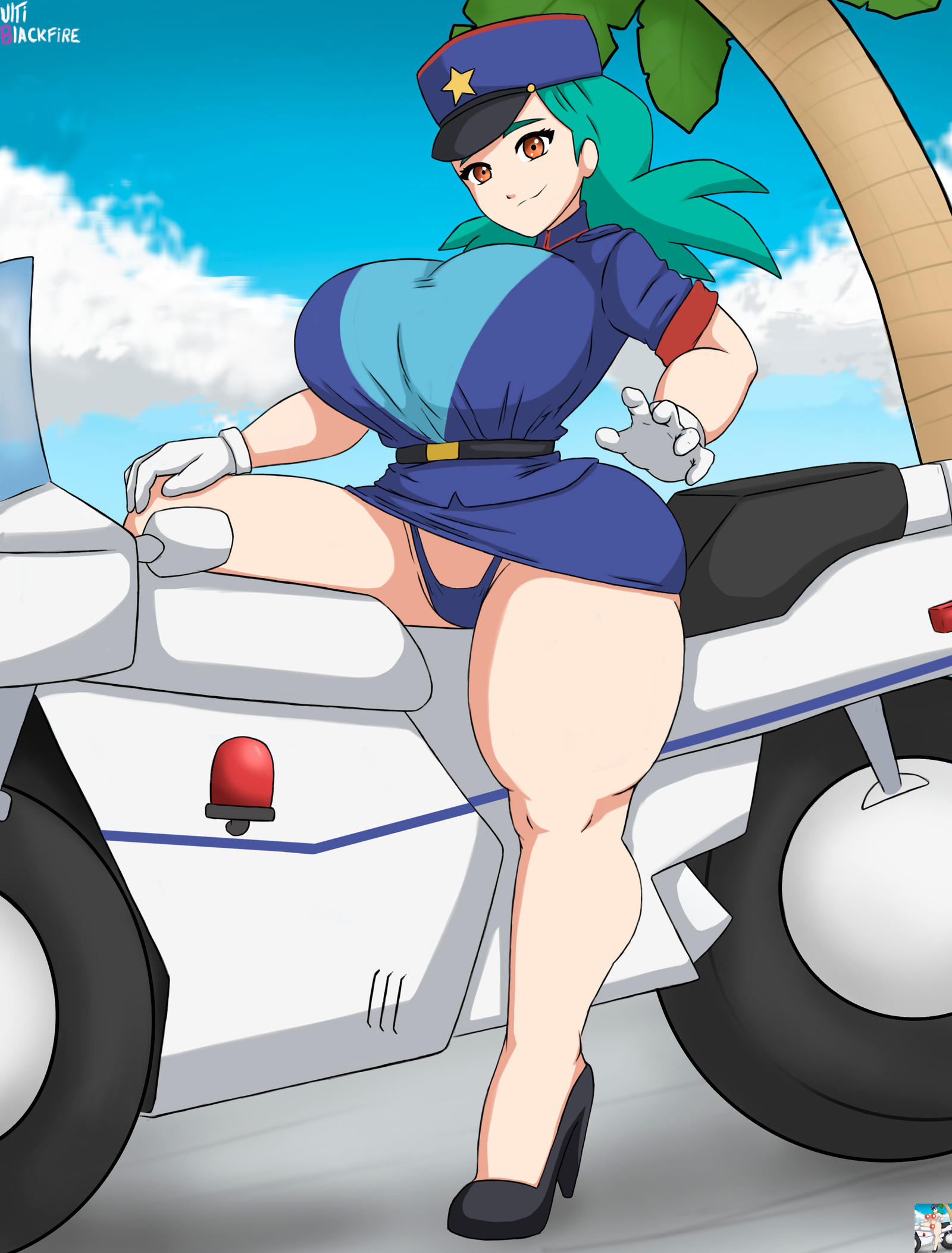 1girls, ass, big ass, big breasts, big butt, breasts, female, female only, green hair, high heels, motorcycle, nintendo, officer jenny (pokemon), patreon, pokemon, police uniform, solo, ultiblackfire, voluptuous